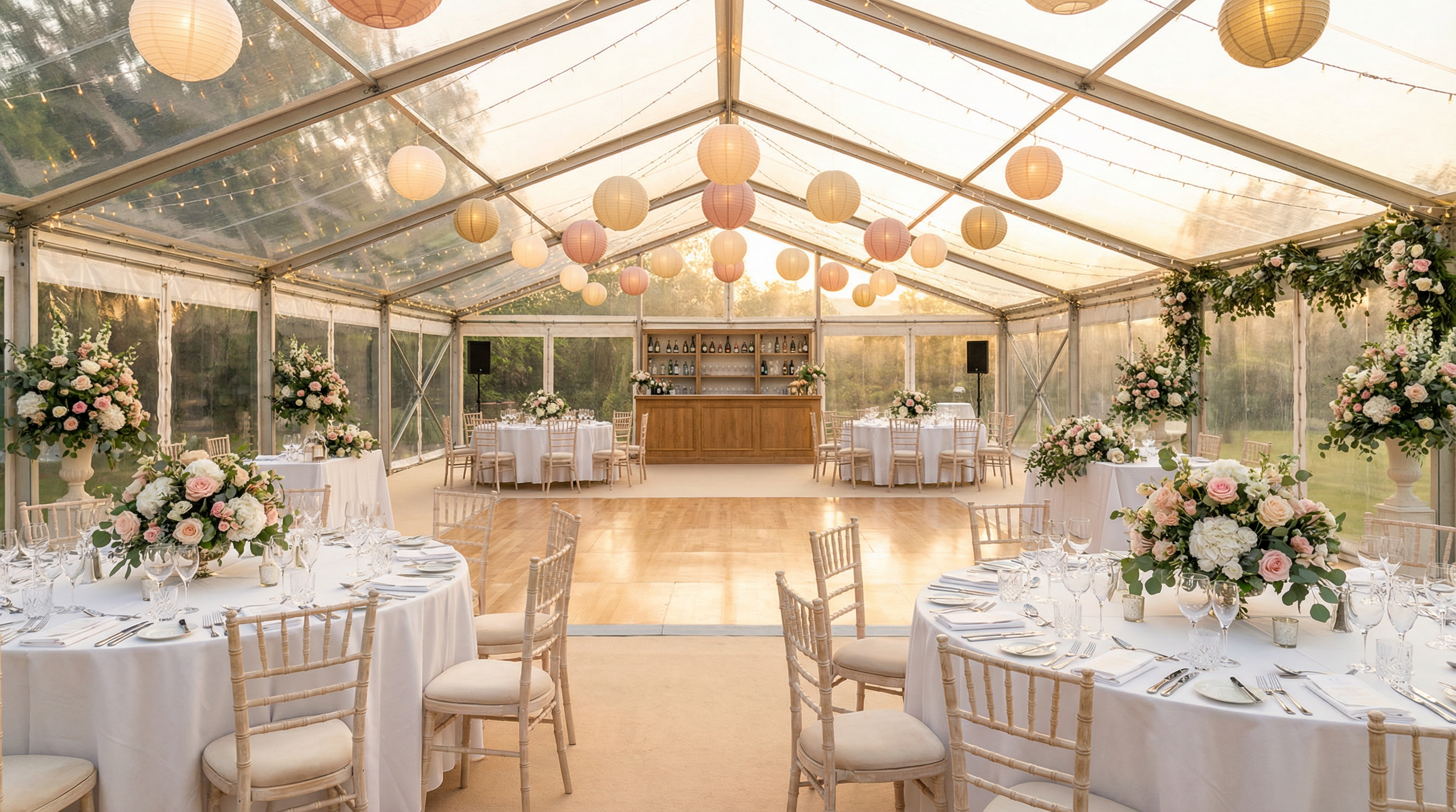 Beautifully decorated marquee interior with dance floor, bar and floral arrangements