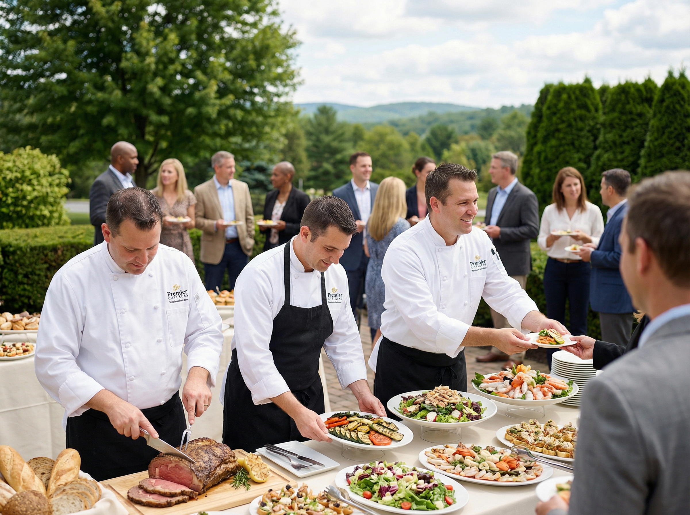 Premier Caterers professional team serving guests at an outdoor event in the Pocono Mountains
