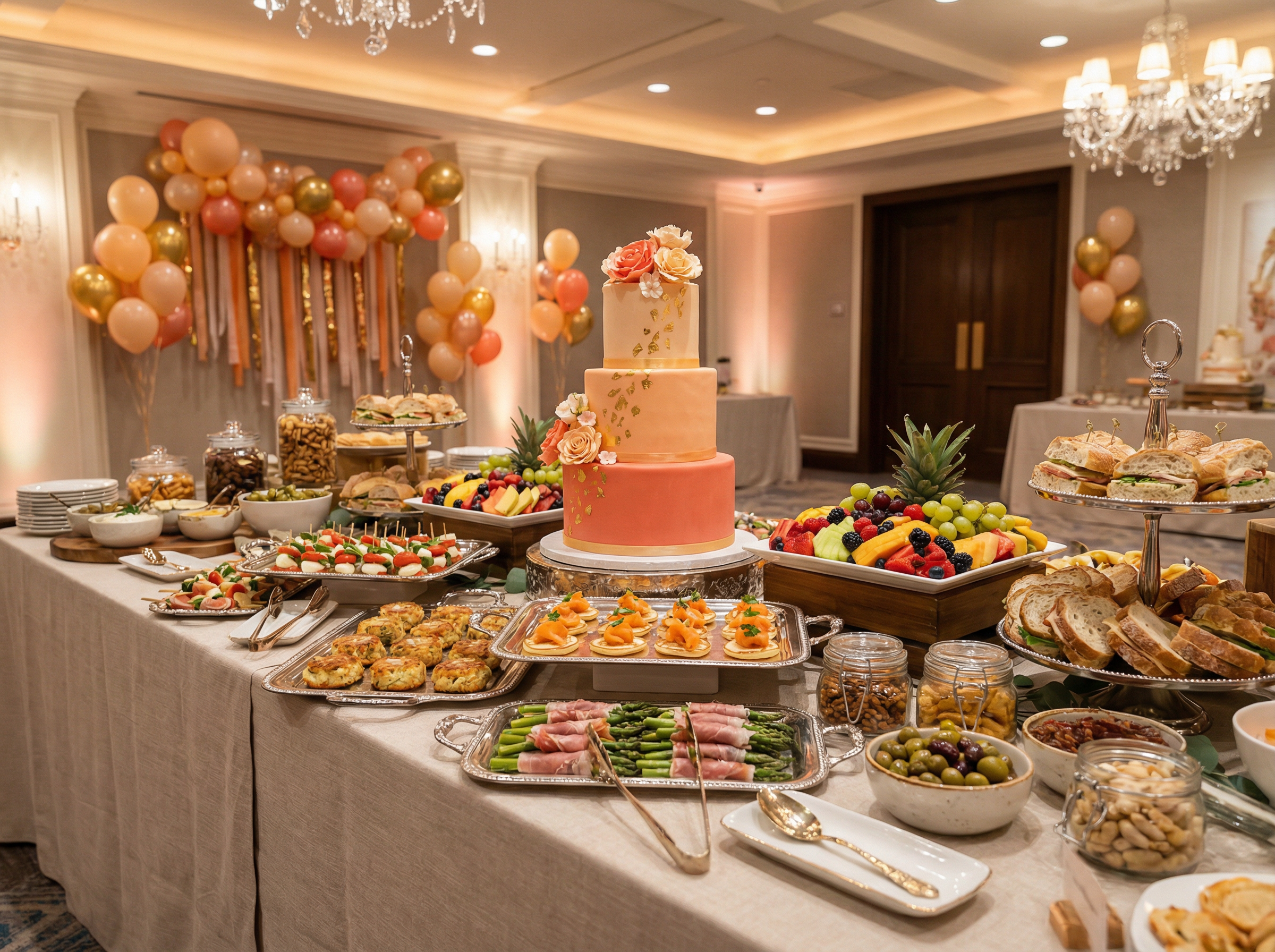 Festive catering spread with tiered cake, fruit platters, and finger foods for party event