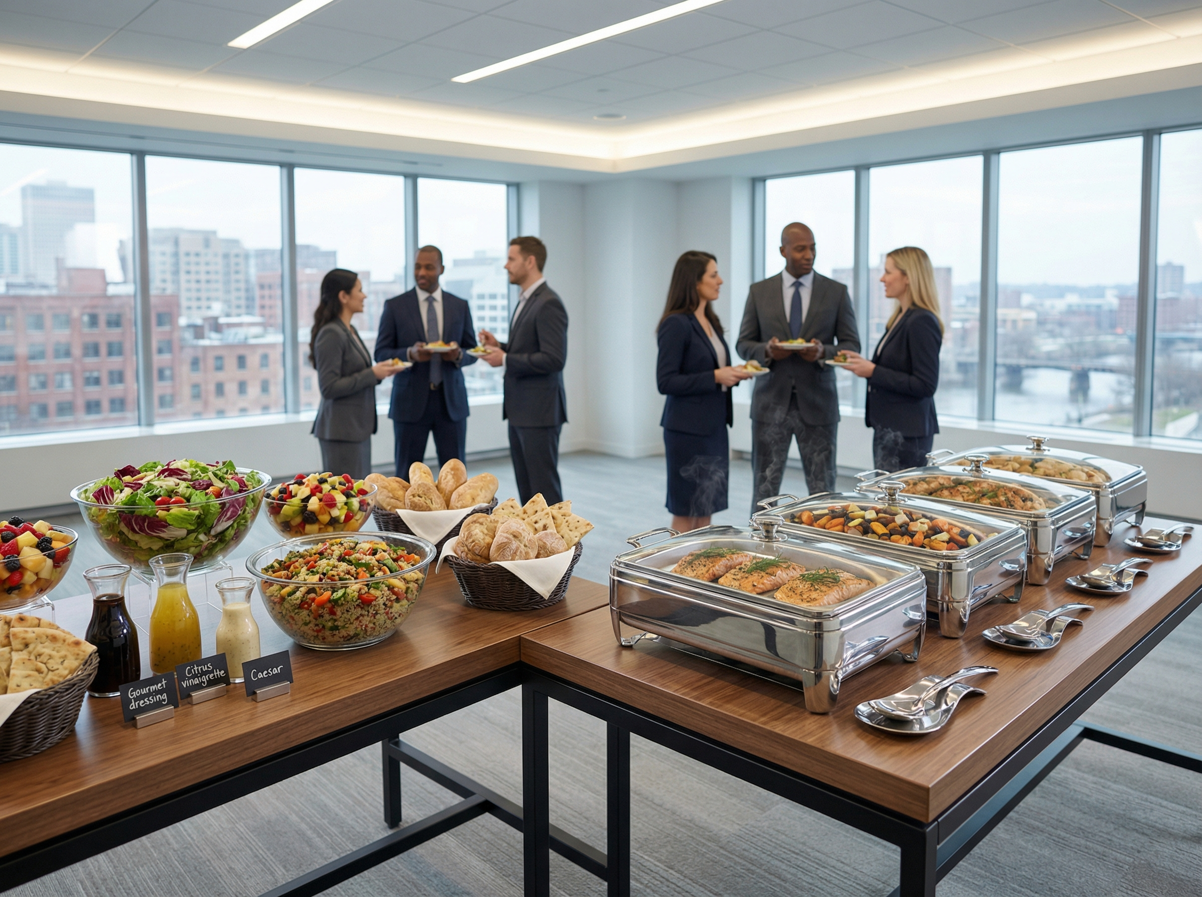 Corporate catering buffet with business professionals