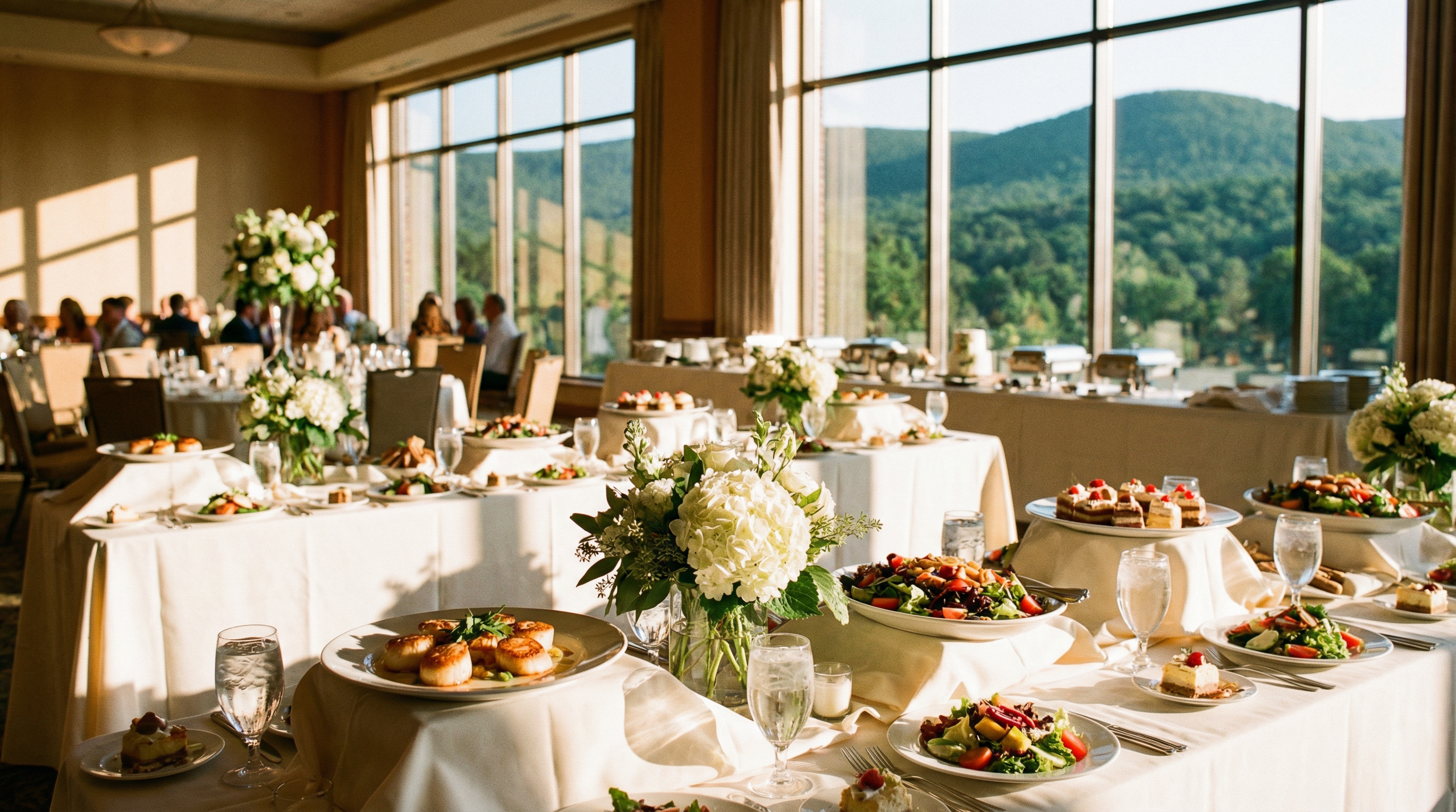 Elegant catering event setup with mountain views at a Pocono venue