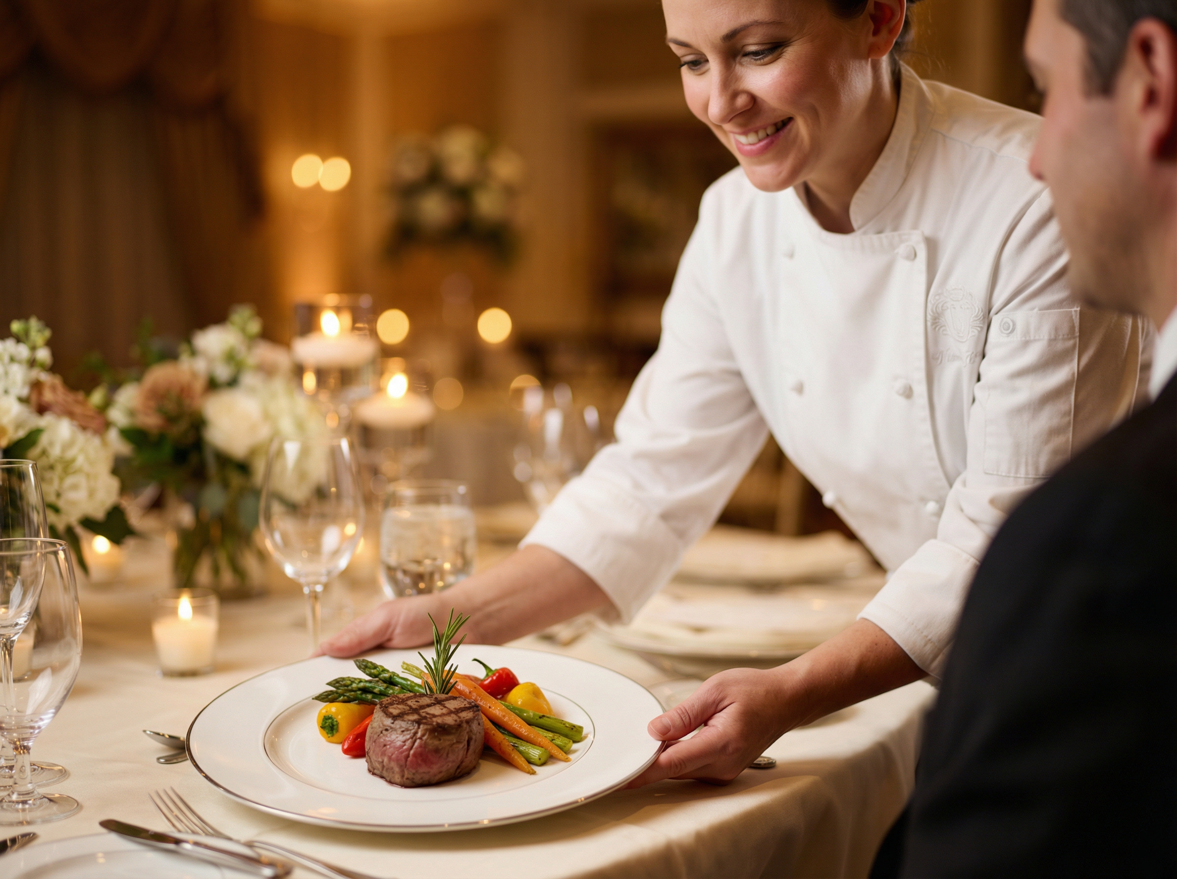 Chef presenting elegantly plated wedding dinner course with filet and vegetables