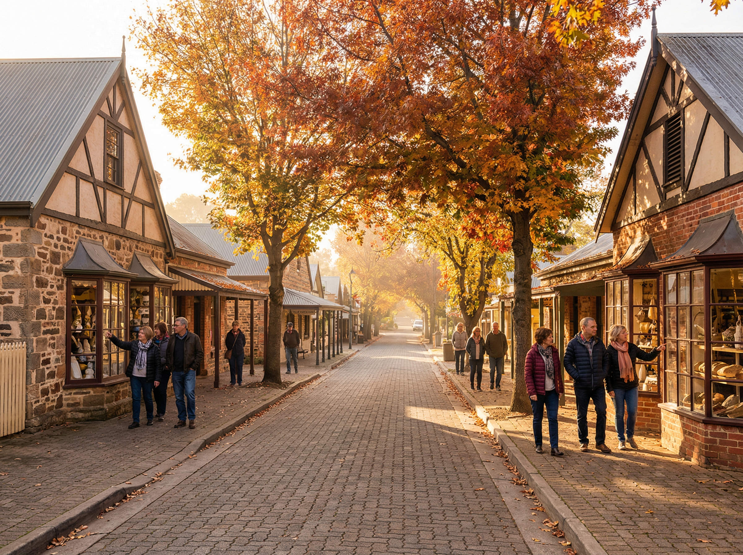 Historic Hahndorf village main street with autumn foliage, Adelaide Hills
