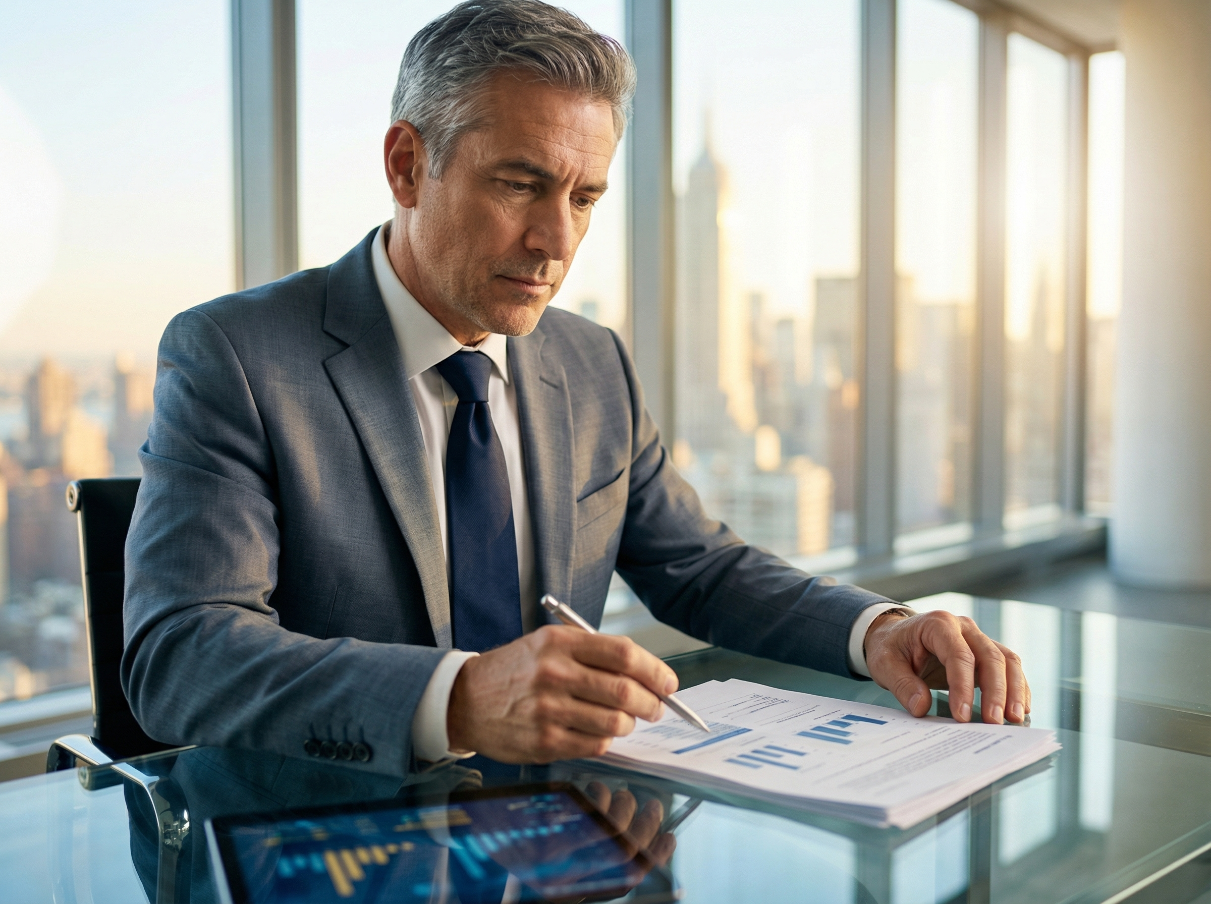 Business executive reviewing Fortune 500 contact data reports