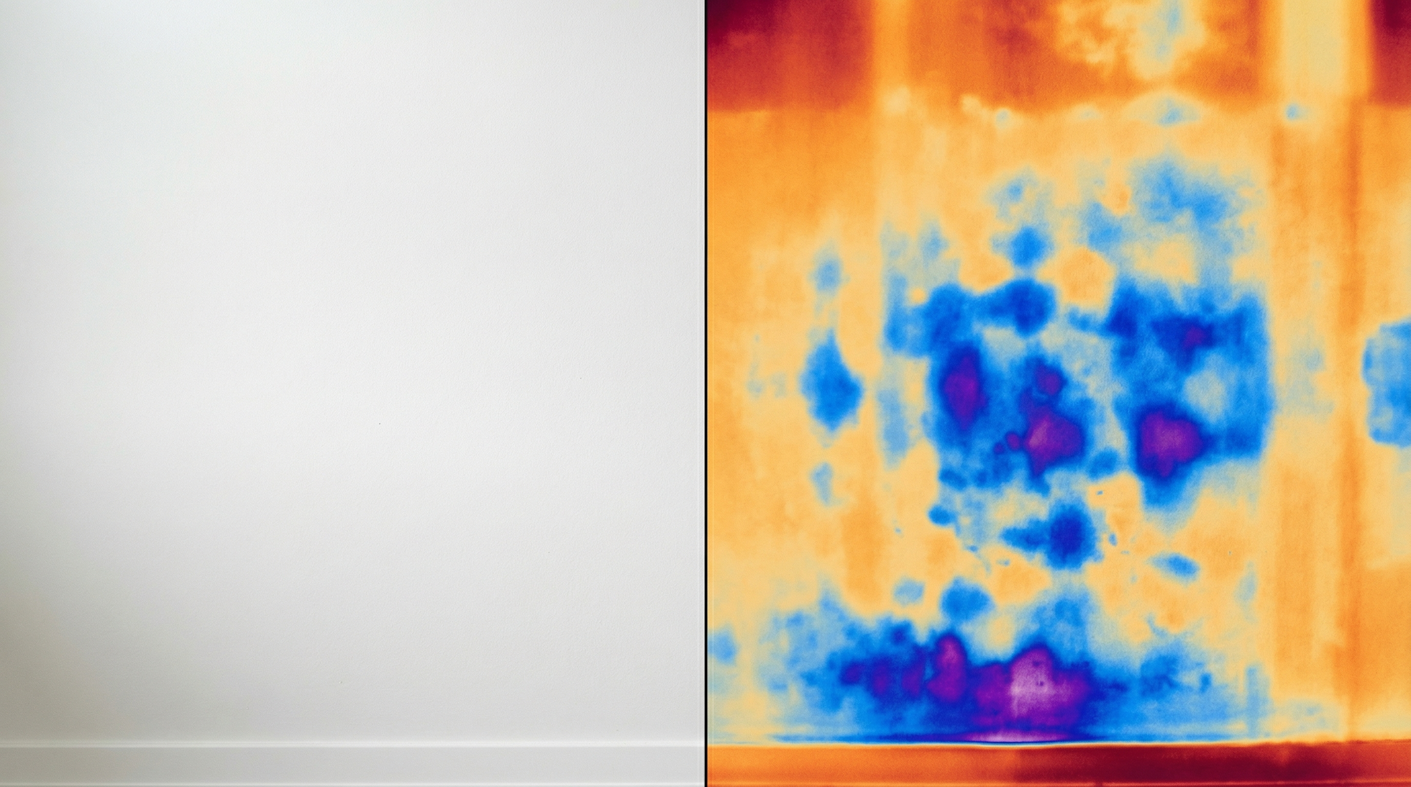 Comparison showing a normal wall versus the same wall under thermal imaging revealing hidden moisture damage