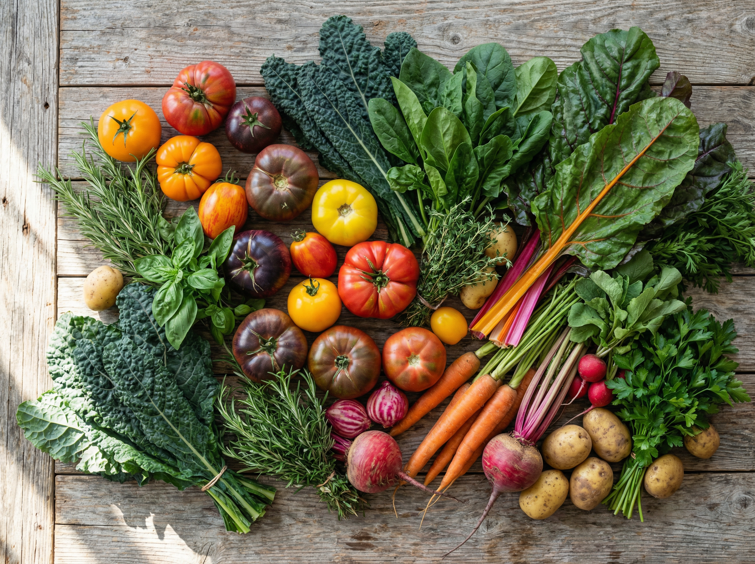 Fresh locally sourced seasonal vegetables and herbs arranged on a rustic wooden table