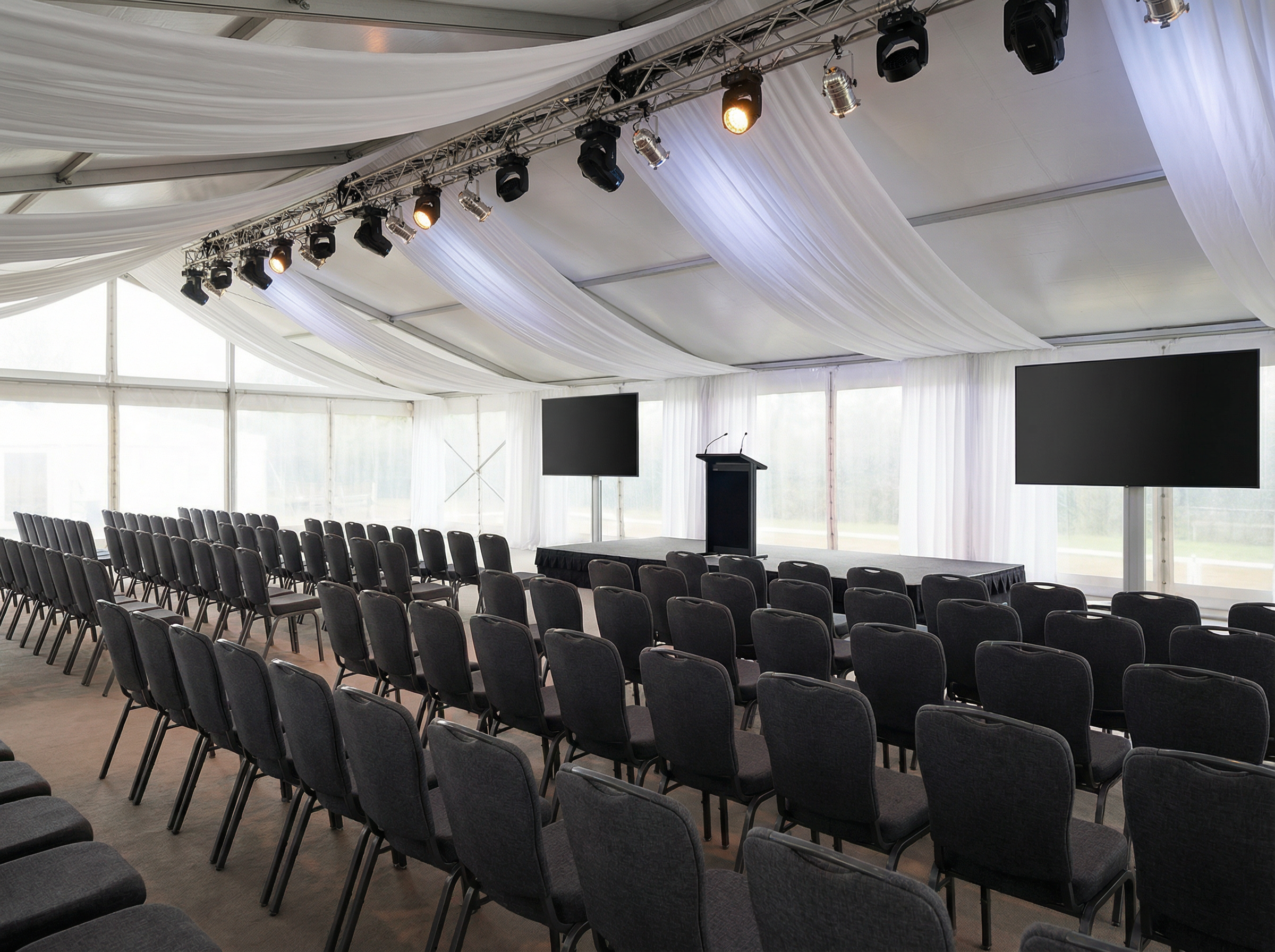 Corporate conference setup inside a marquee with professional staging and seating