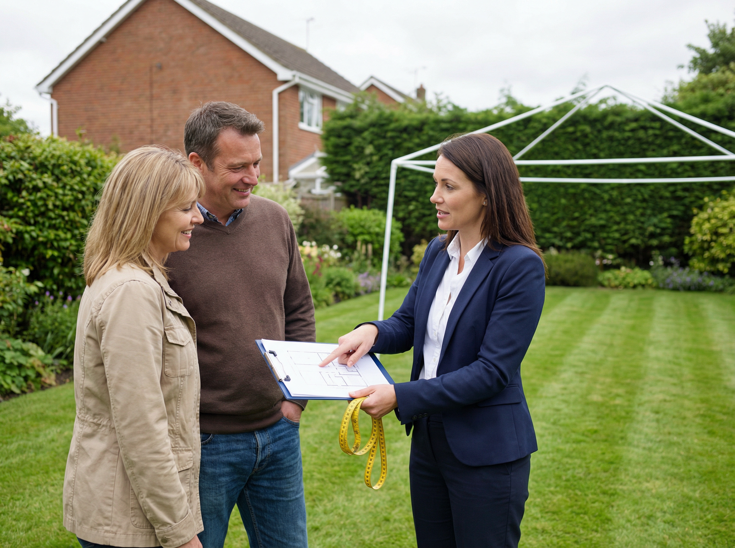 Marquee hire consultant discussing layout plans with homeowners in their garden