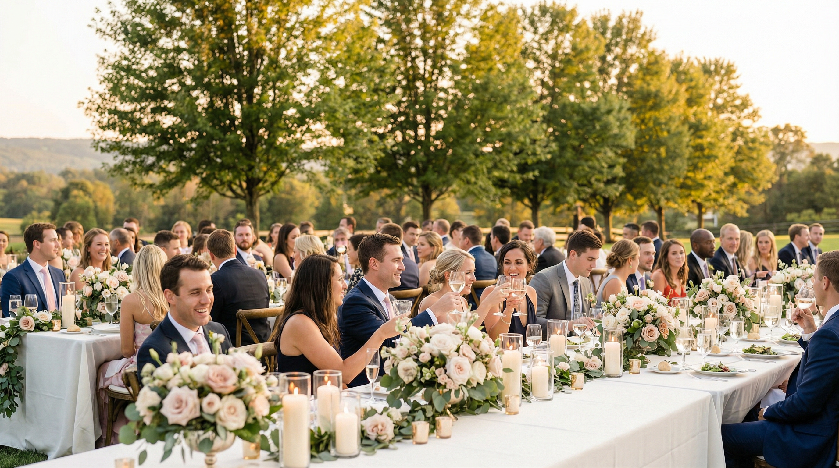 Elegant outdoor wedding reception with floral centerpieces and guests celebrating