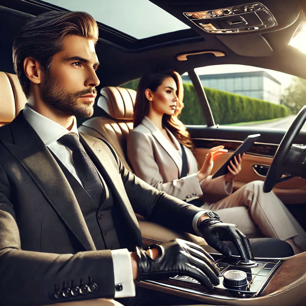 Professional chauffeur and business passenger in a luxury vehicle
