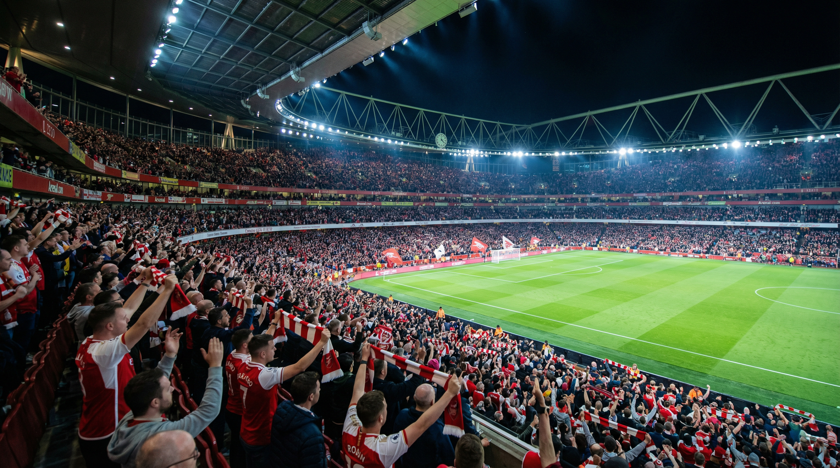 Packed football stadium with fans in red and white during a Premier League match