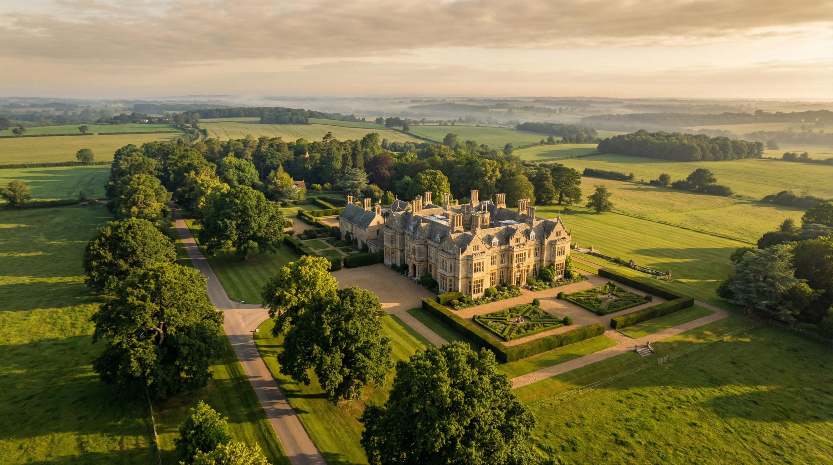 Aerial view of a grand English country estate in Norfolk countryside