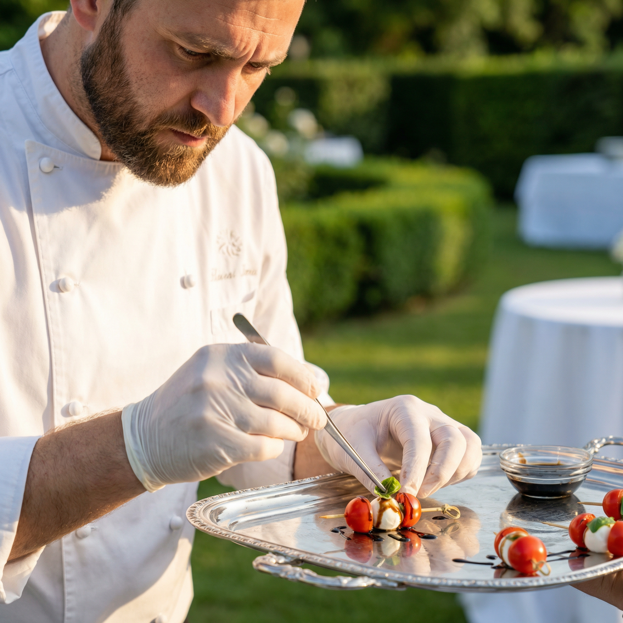 Chef carefully plating caprese skewer appetizers on a silver tray at an outdoor catering event
