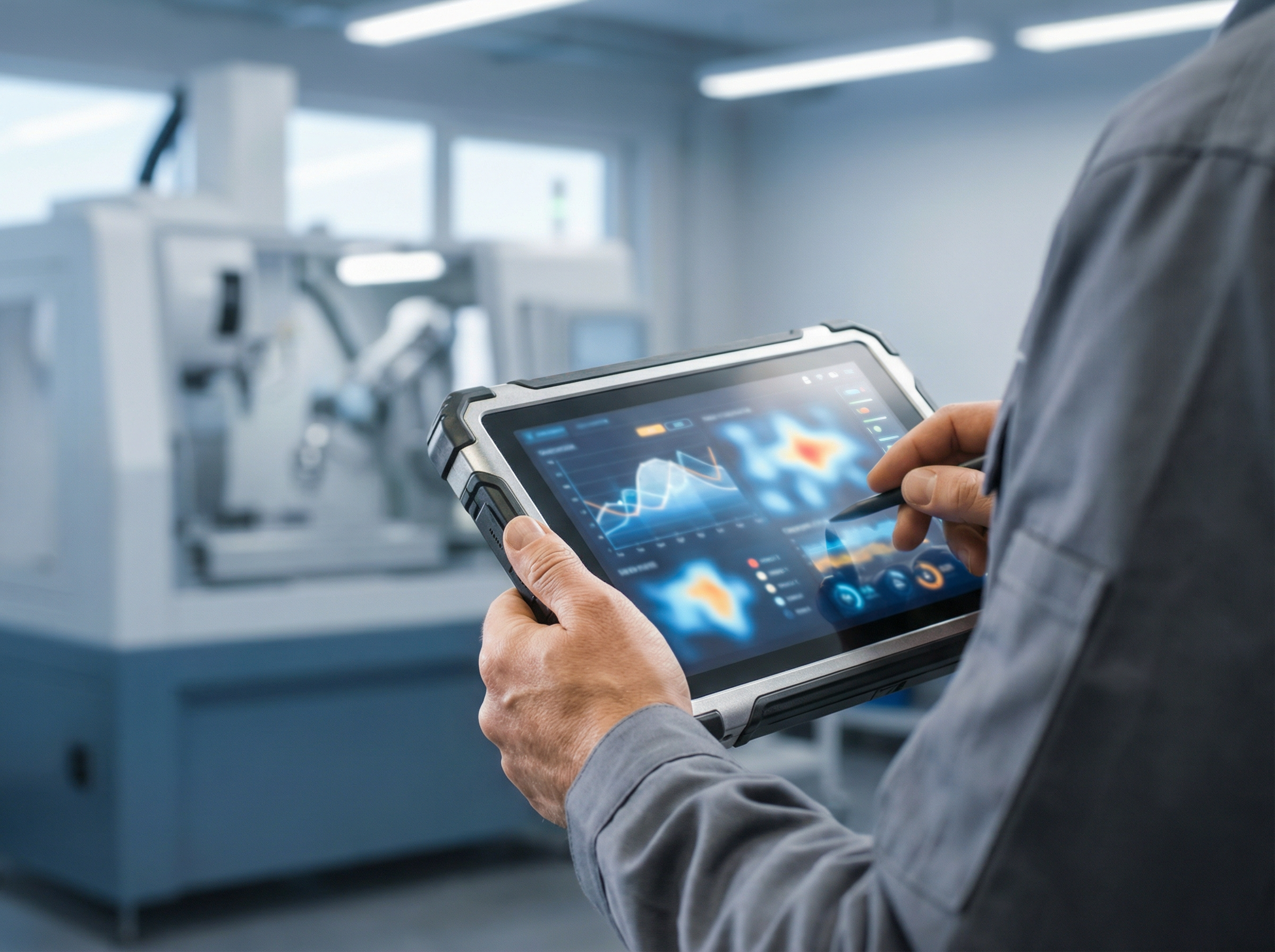 Service-Techniker analysiert Maschinendaten auf einem Tablet