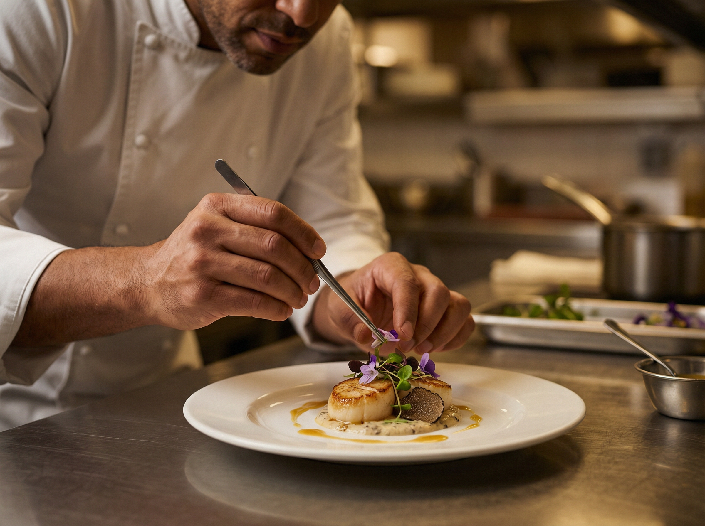 Chef meticulously plating an elegant dish at a Premier Caterers event