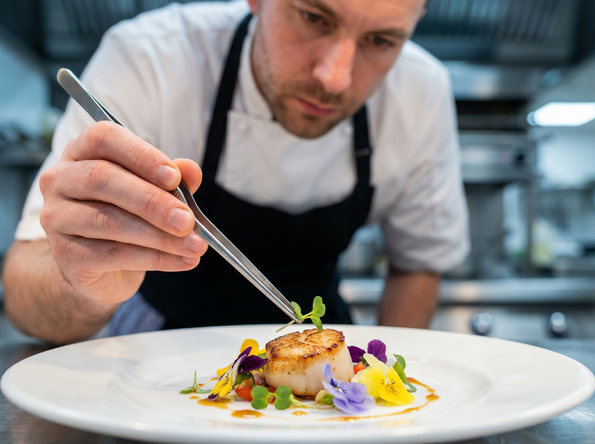 Professional chef carefully plating a gourmet dish