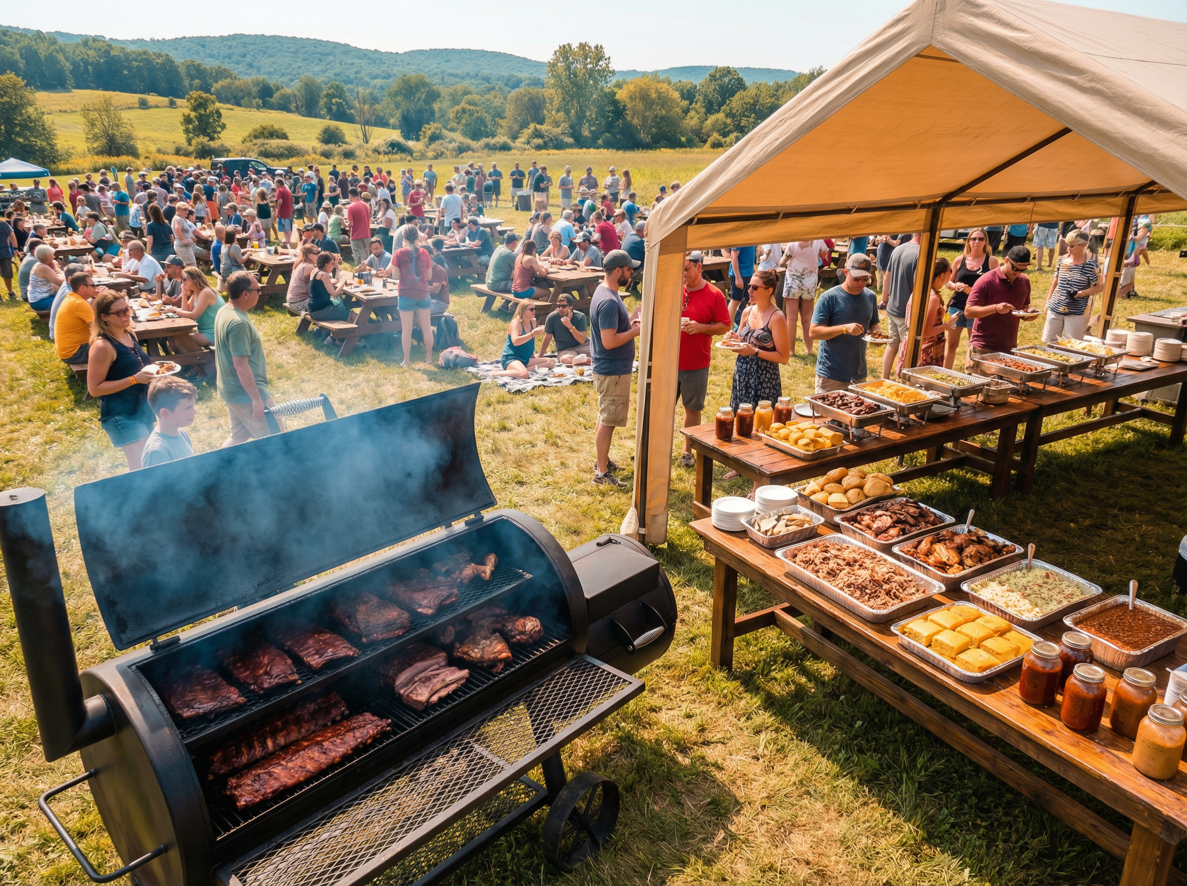 Lively outdoor BBQ festival with commercial smoker, catering tent and crowd of guests