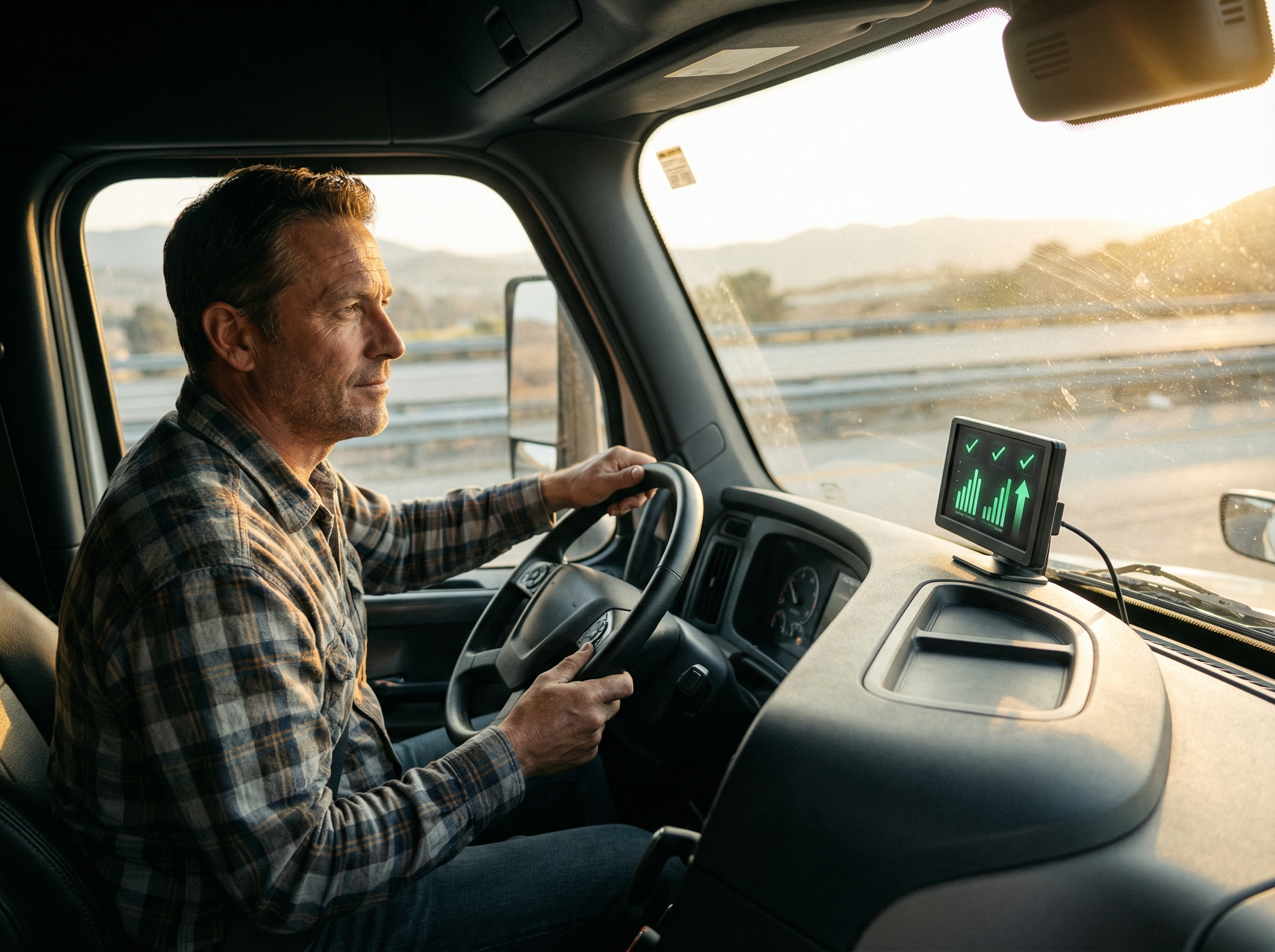 LKW-Fahrer mit KI-gestütztem Feedback-System im Cockpit