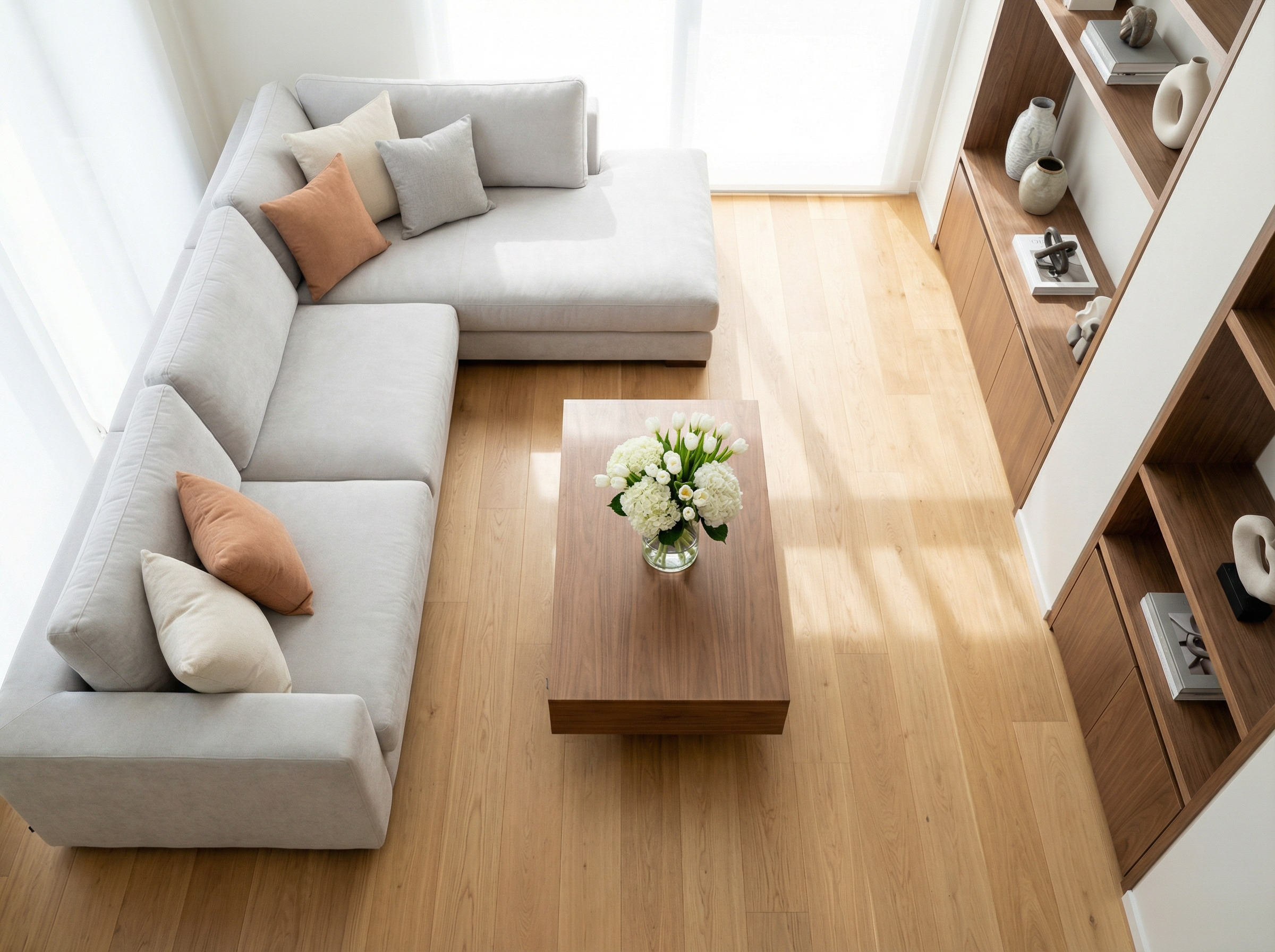 Pristine living room with clean hardwood floors and organized furniture