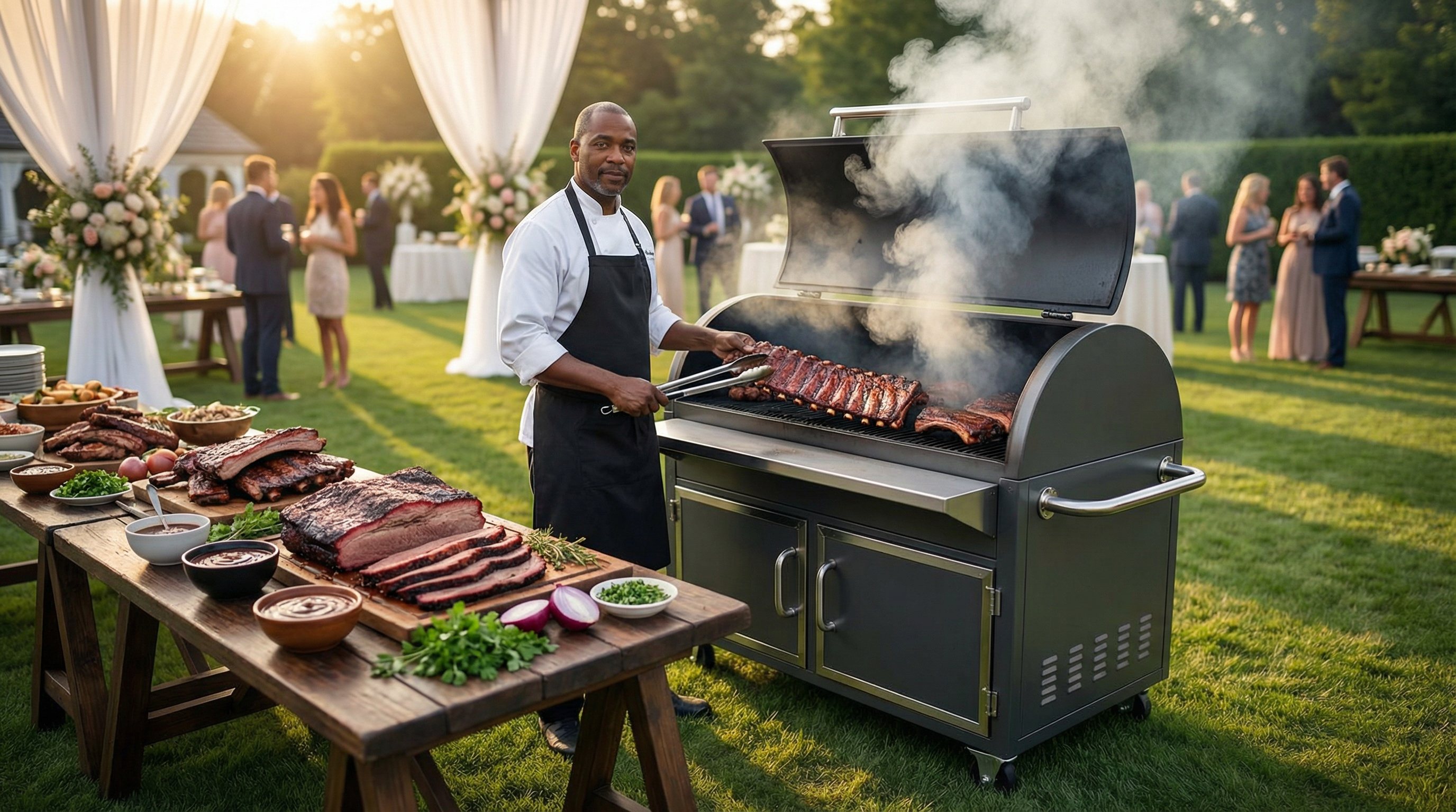 Professional BBQ catering setup at an outdoor event with chef grilling ribs