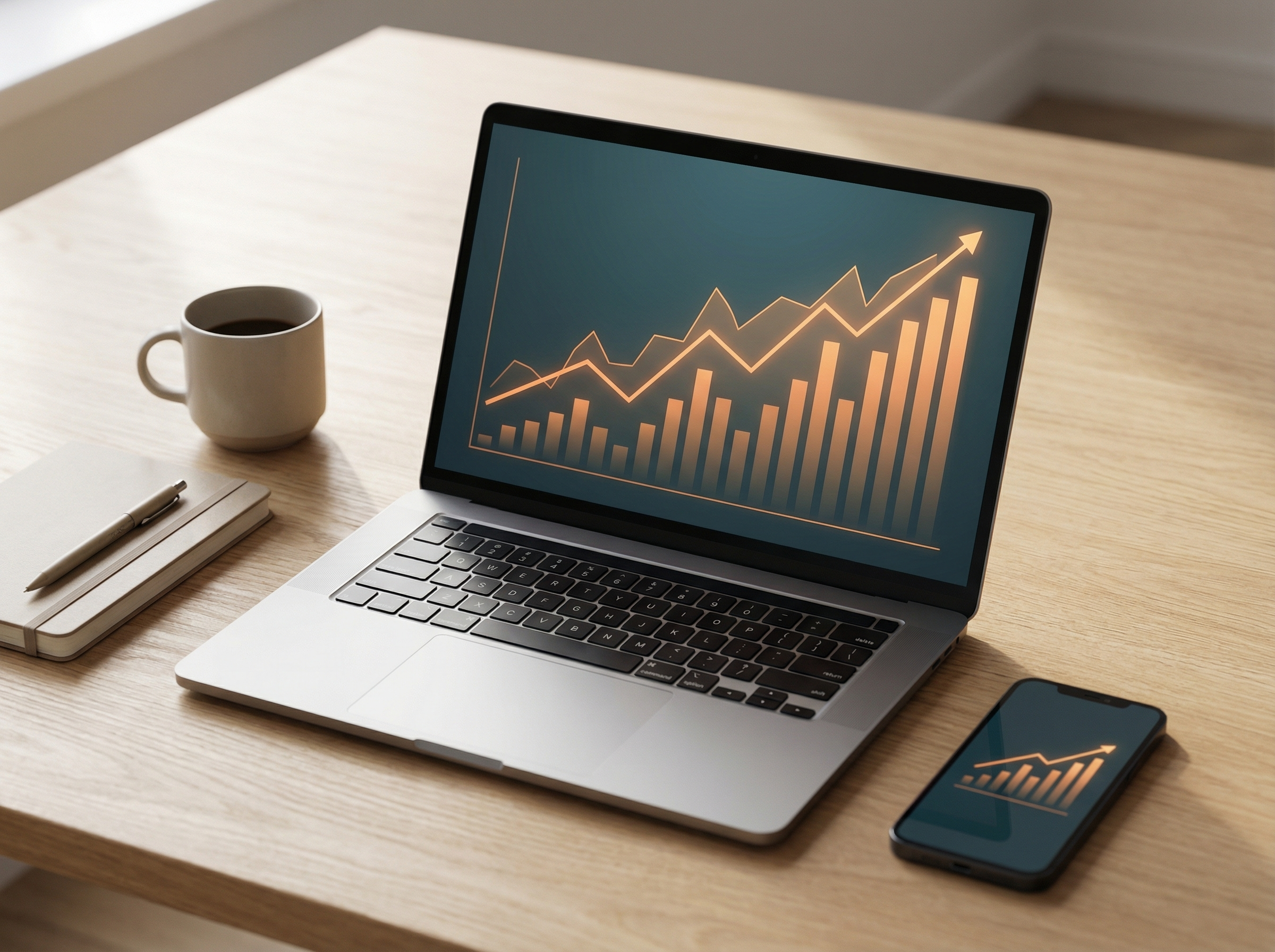 Dashboard mit Vertriebsanalysen und positiven Wachstumstrends auf Laptop und Smartphone