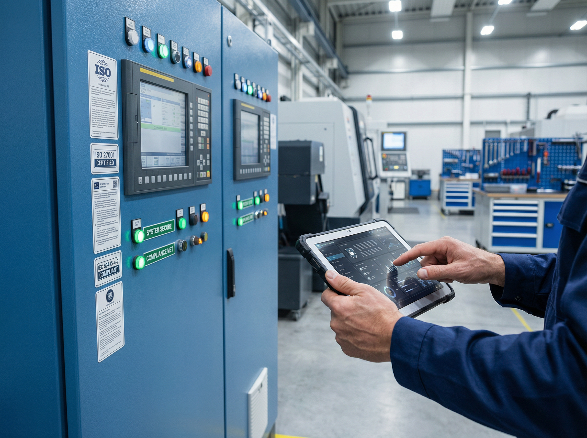 Techniker dokumentiert Sicherheits-Compliance an Maschinensteuerung