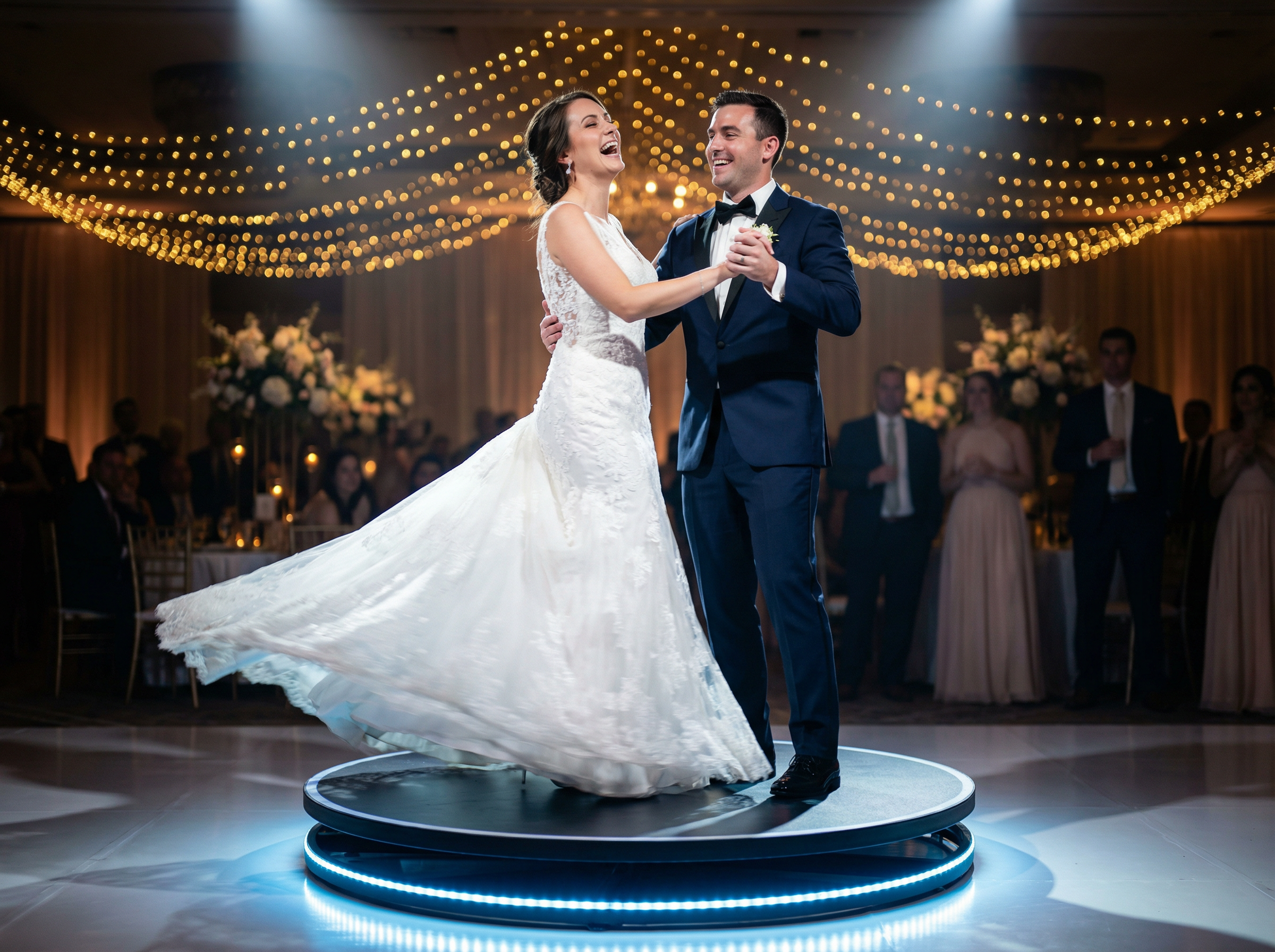 Couple on a 360 degree photo booth platform at their wedding reception