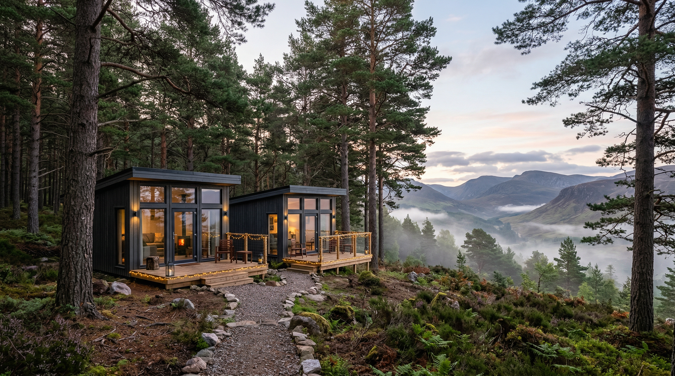 Luxury pods nestled in Scottish pine forest with mountain views at dawn