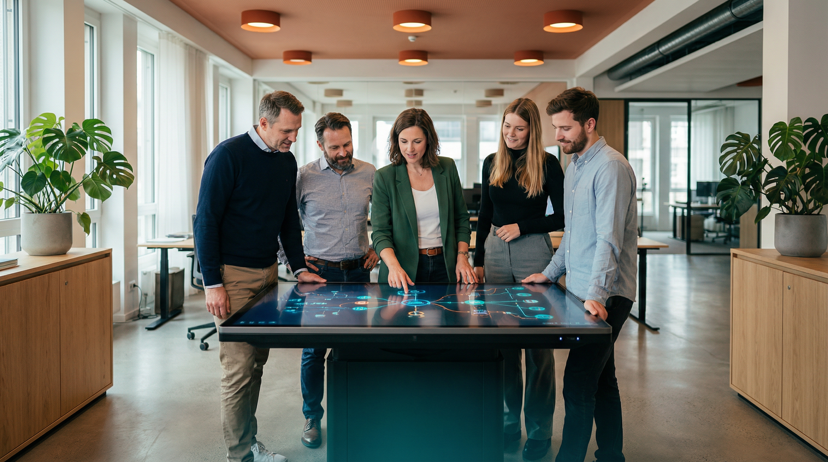 Team arbeitet gemeinsam an KI-Lösungen am interaktiven Bildschirm