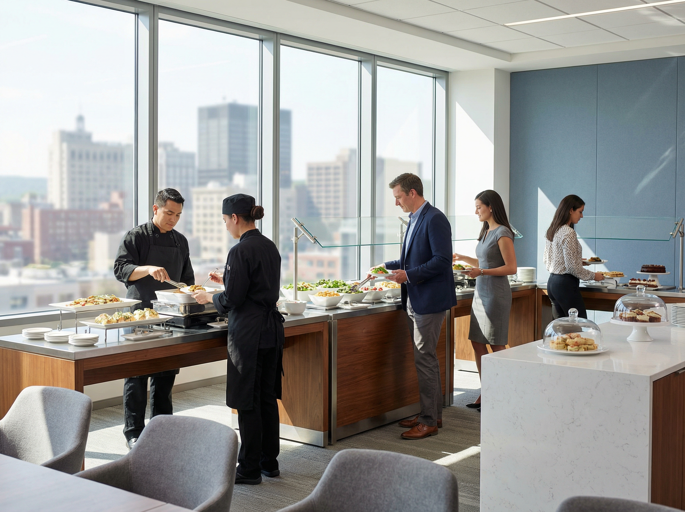 Professional corporate catering buffet in a modern Scranton office