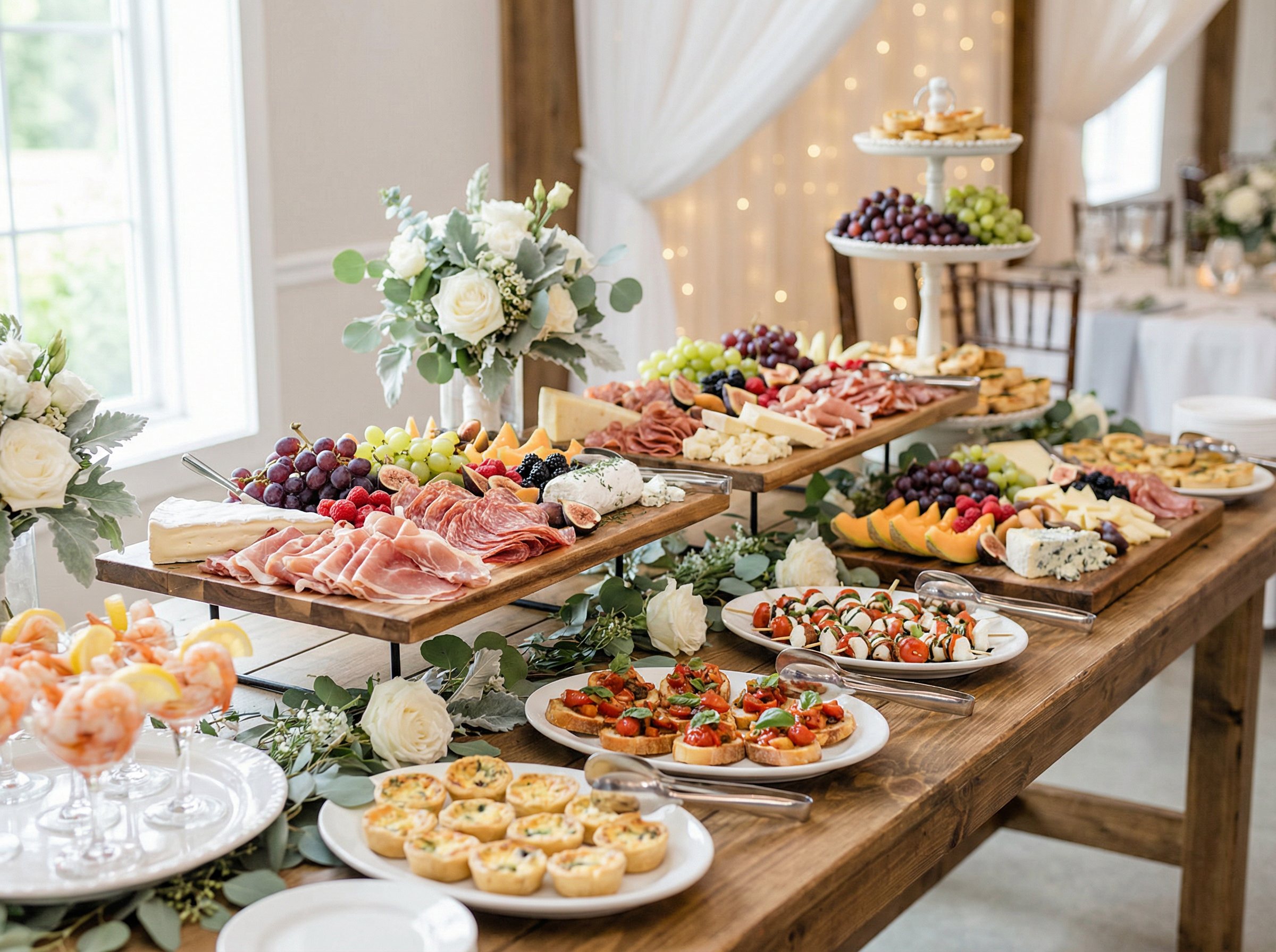 Abundant wedding cocktail hour spread with charcuterie, fresh fruit, and elegant appetizers