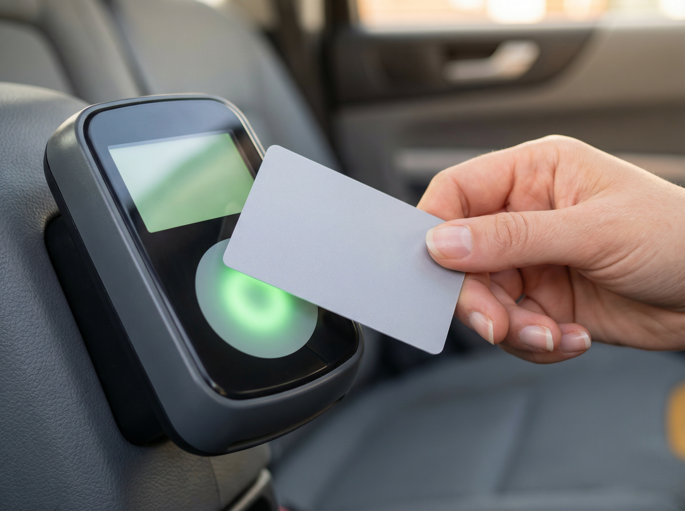 Contactless card payment being made inside a taxi