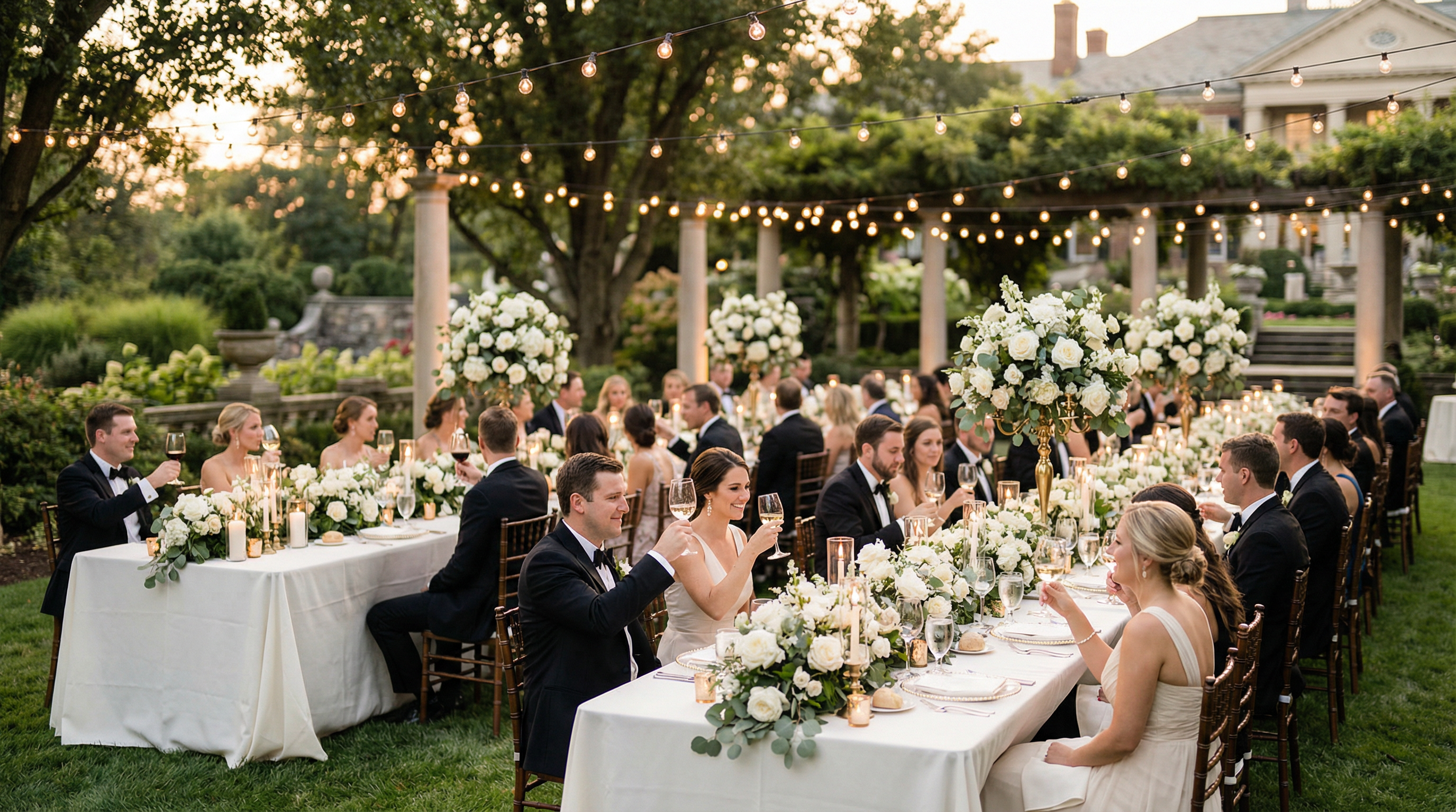Elegant outdoor wedding reception in Northampton PA with white floral arrangements and string lights