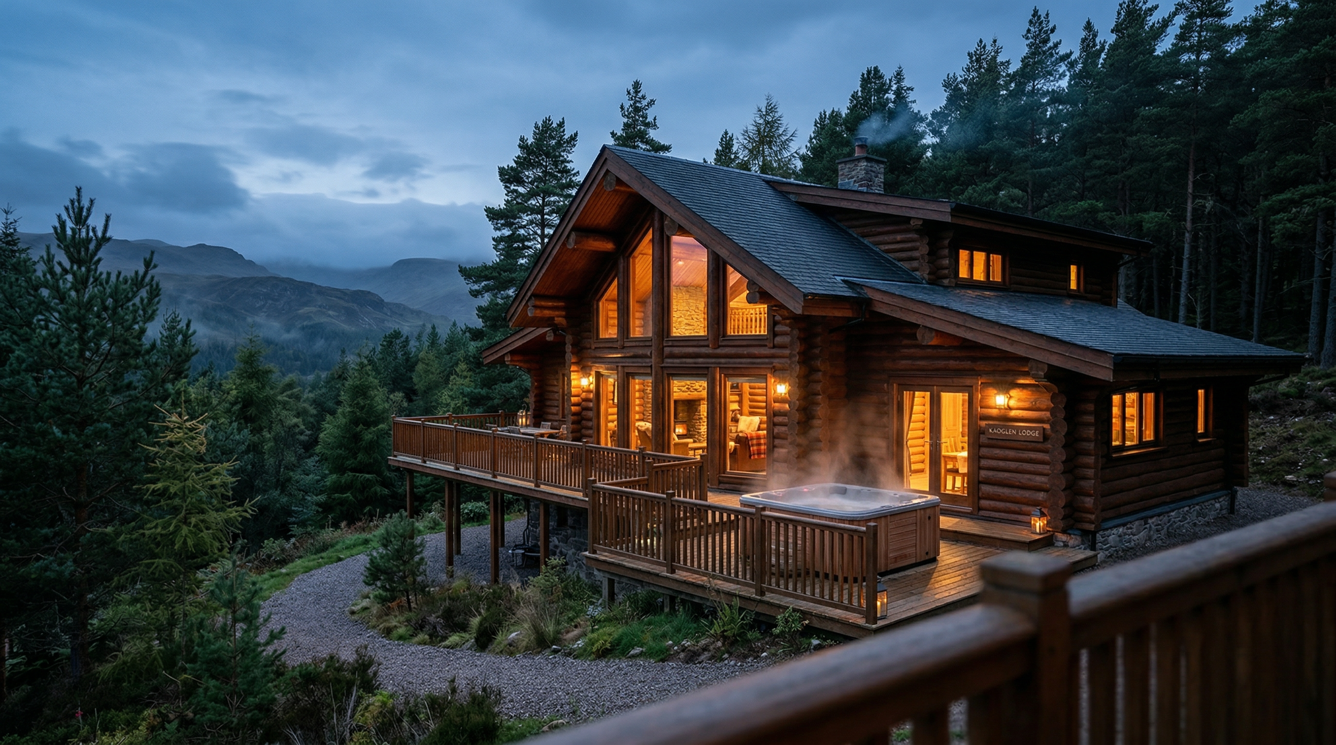 Kaoglen Lodge — luxury log cabin with hot tub in Scottish highland forest at dusk