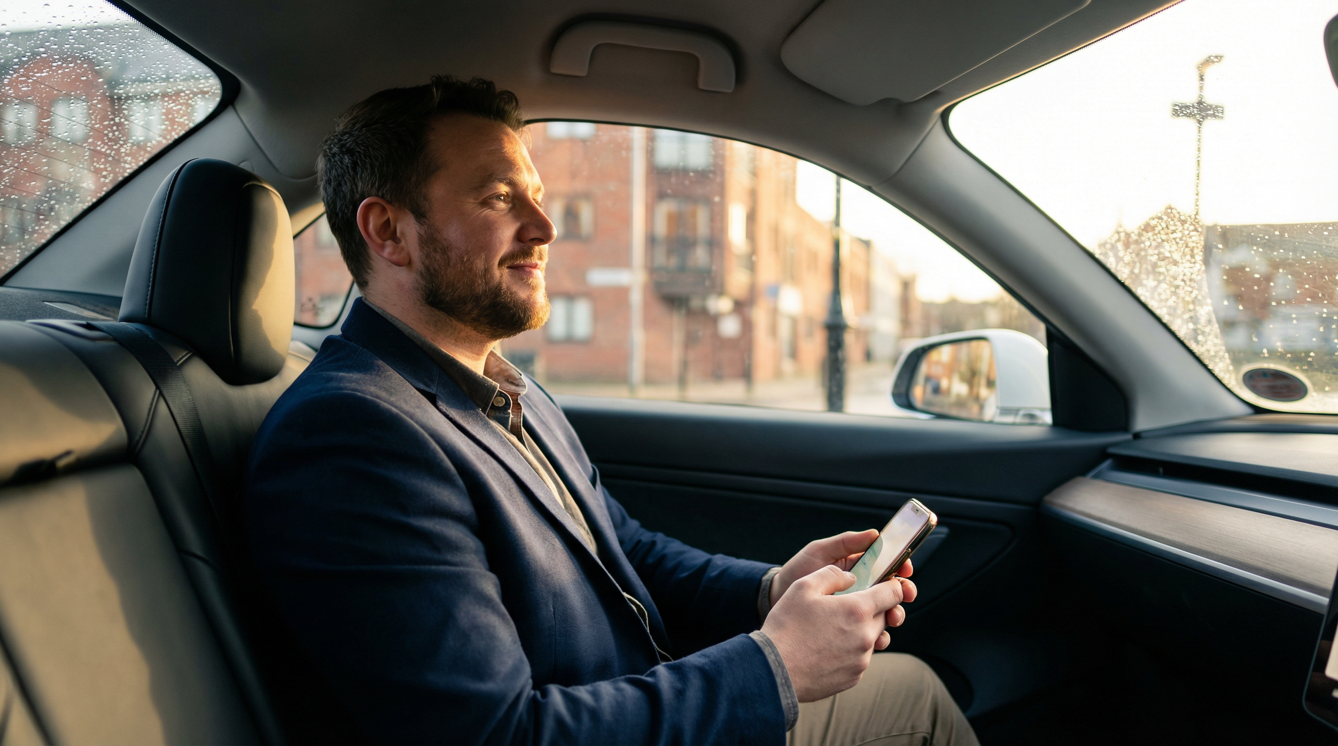 A passenger comfortably using the Licensed Taxi app during a ride