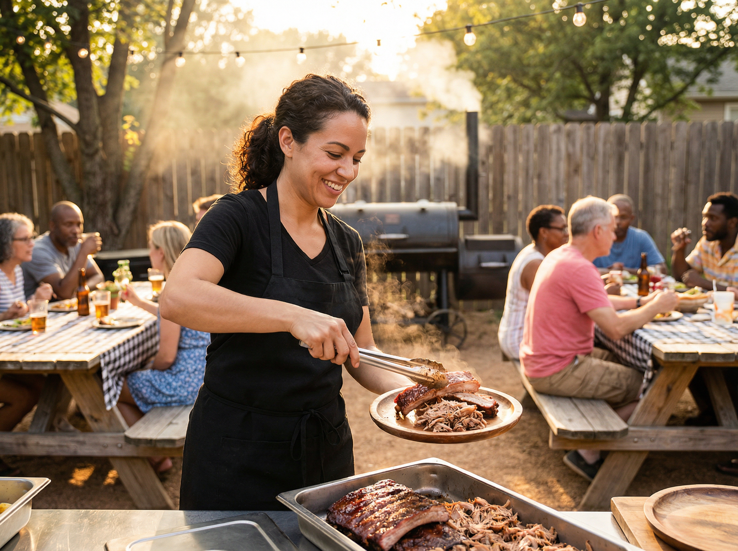 Professional caterer serving BBQ ribs at outdoor party