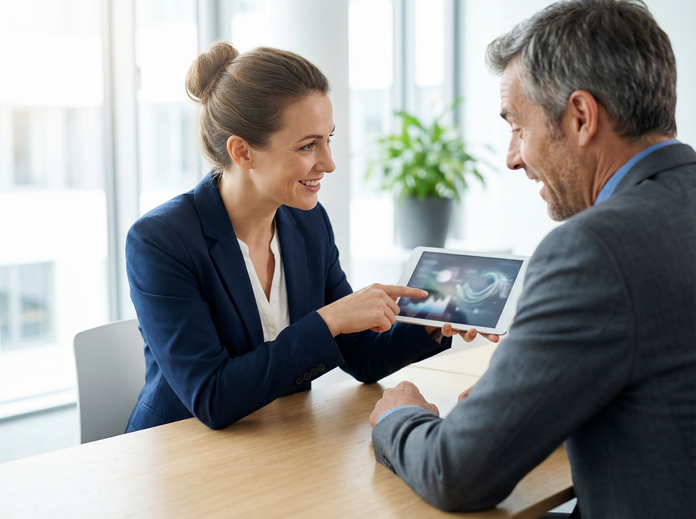 Beratungsgespräch zwischen Brainwave-Consultant und Kunde mit KI-Dashboard auf Tablet