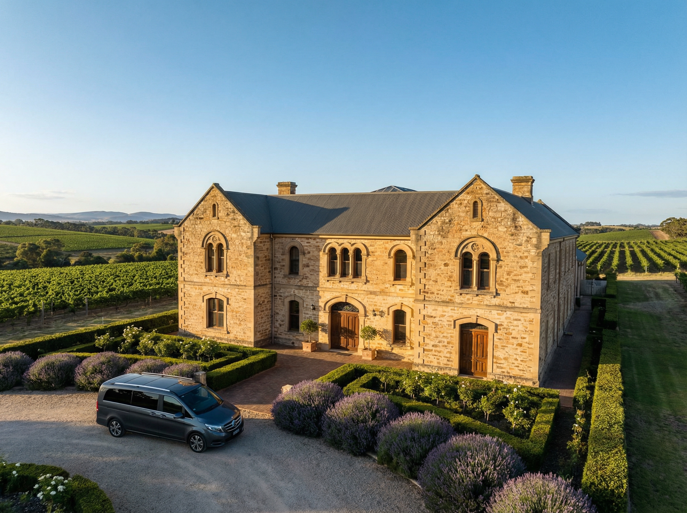 Heritage stone winery estate surrounded by Barossa Valley vineyards