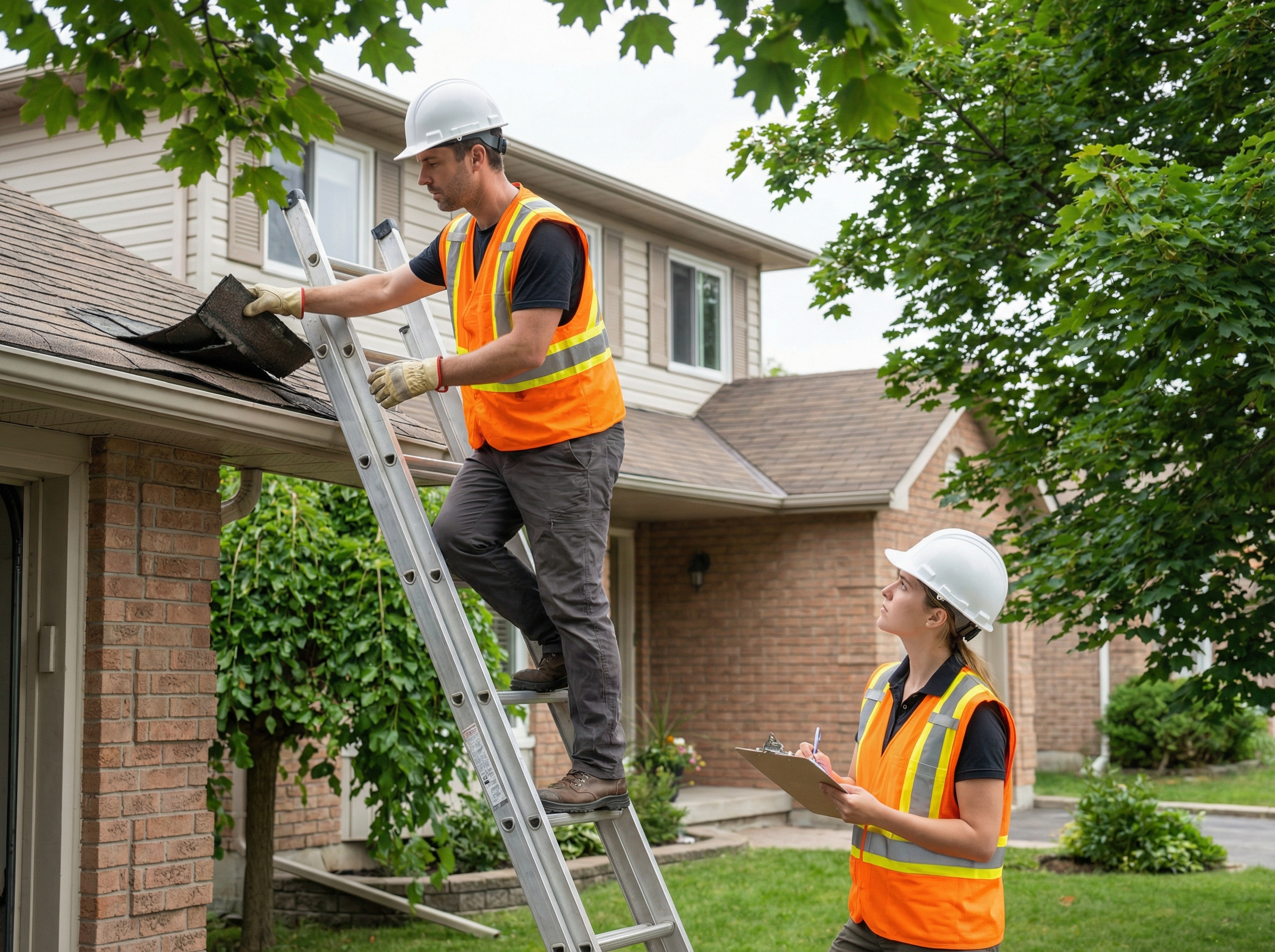 Restoration professionals inspecting storm damage on a residential roof in the GTA