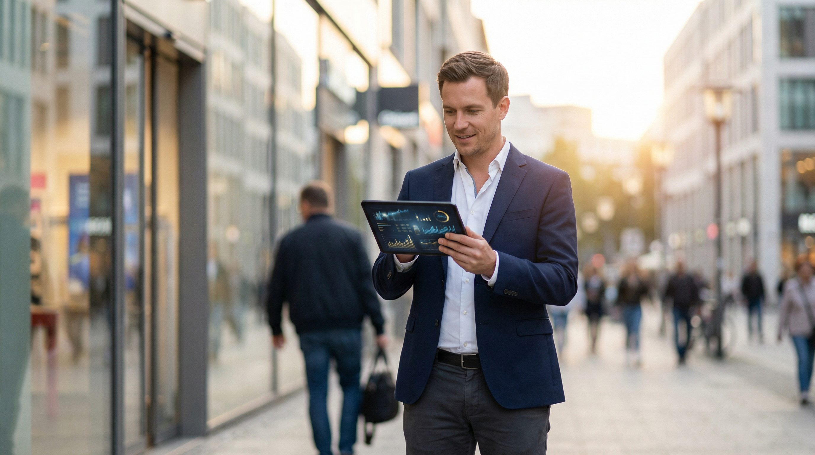 Vertriebsmitarbeiter nutzt KI-gestütztes Coaching-Tool auf einem Tablet im Außendienst