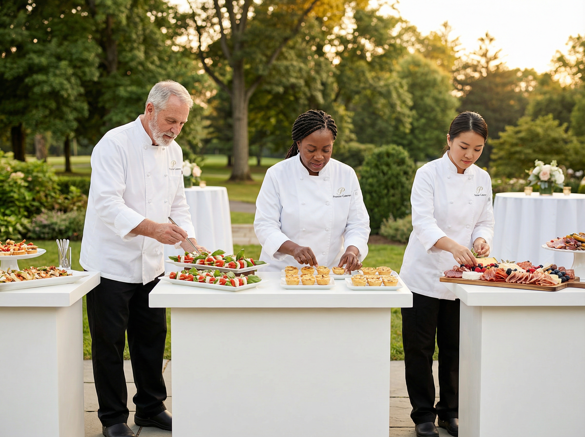 Premier Caterers professional chef team arranging elegant food platters at an outdoor event