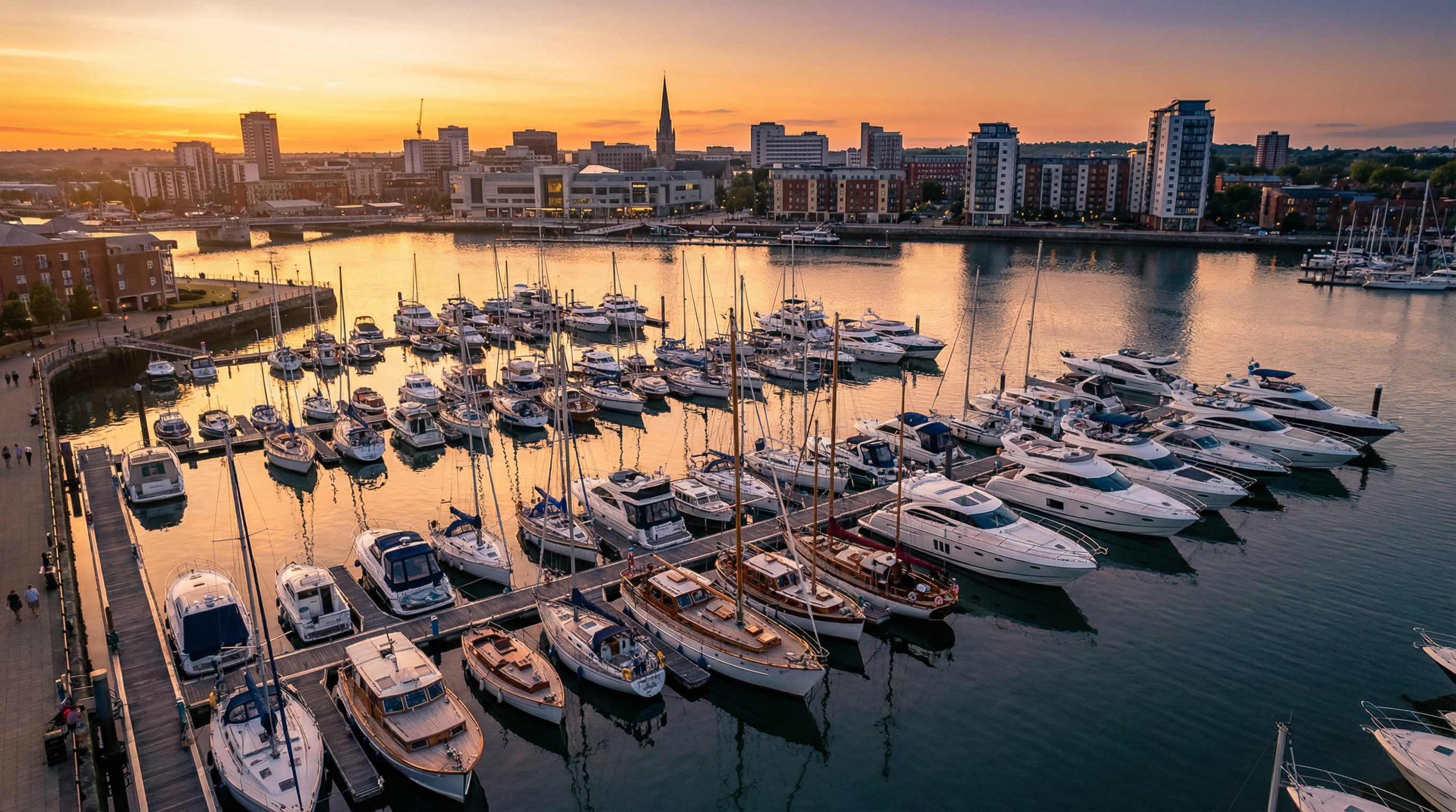 Southampton waterfront marina at sunset