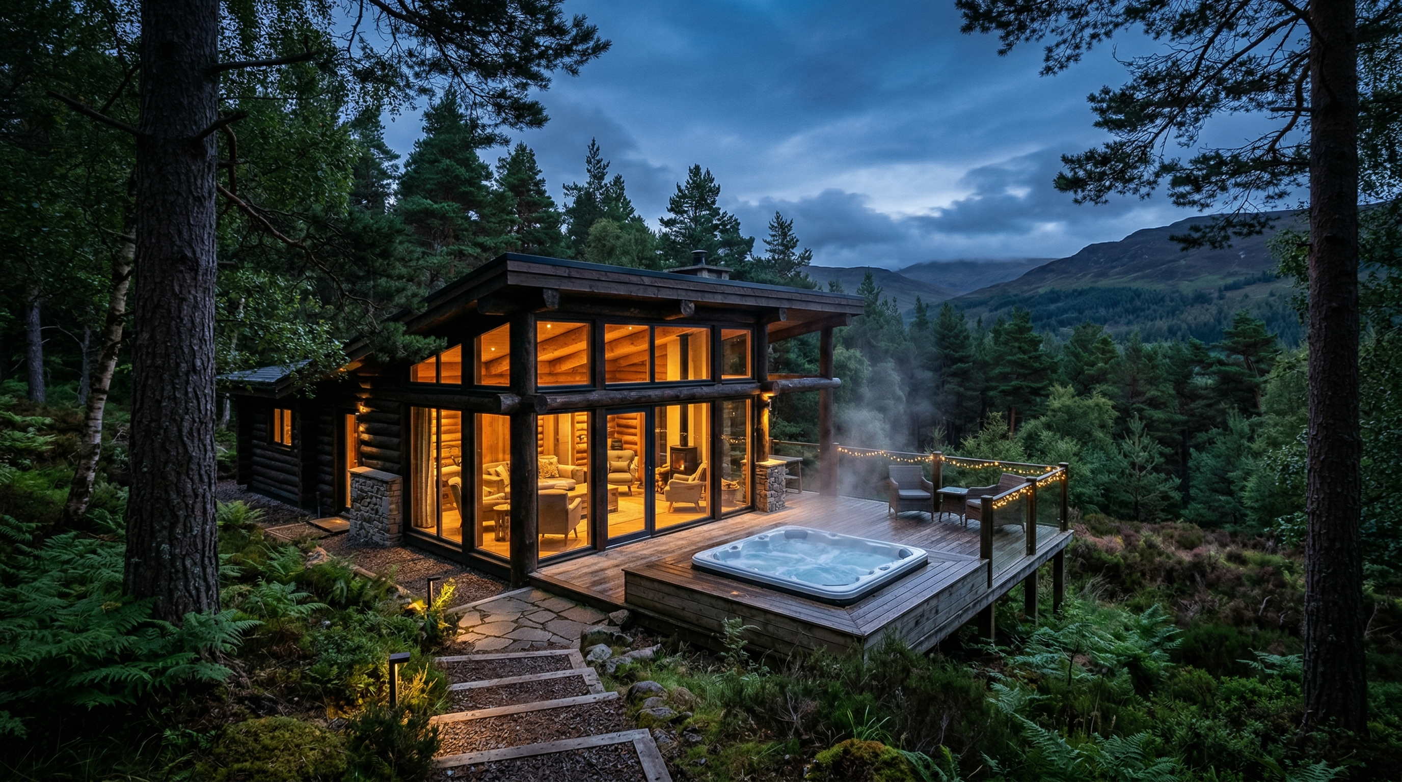 Luxury log cabin suite with private hot tub nestled in Scottish pine forest at dusk