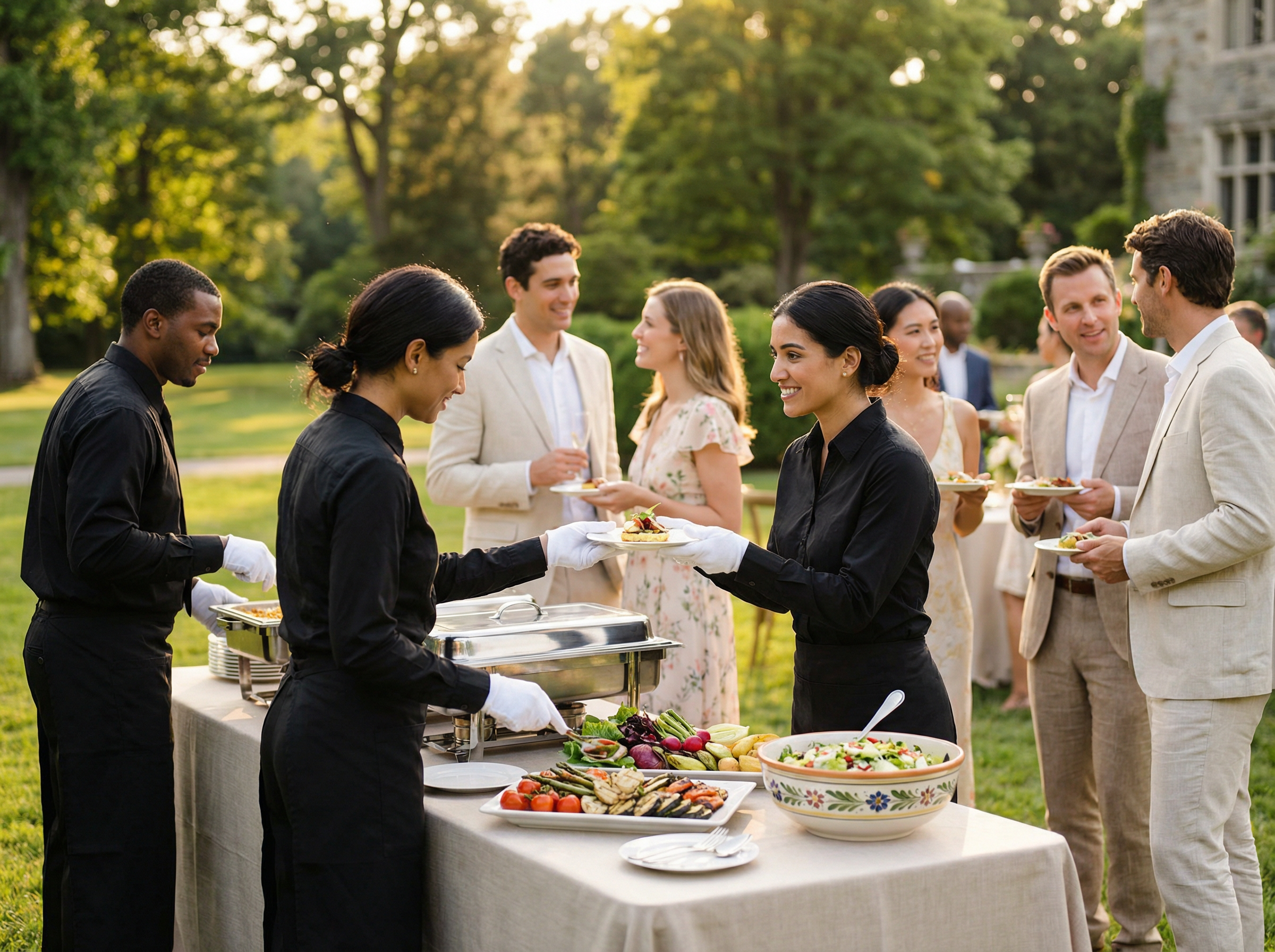 Professional Premier Caterers team serving guests at an outdoor event in the Lehigh Valley