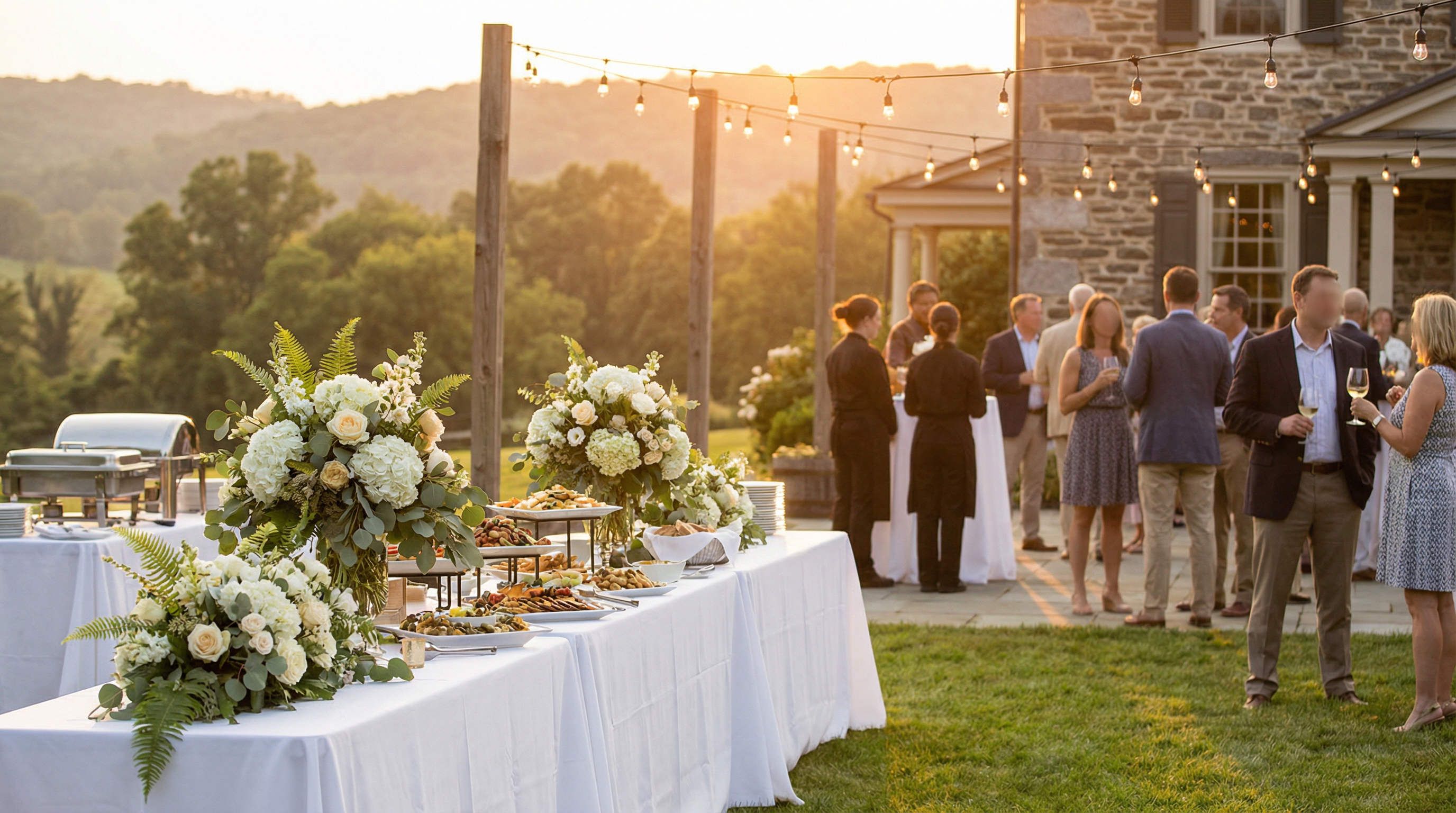 Elegant outdoor catering event at a stone venue at golden hour