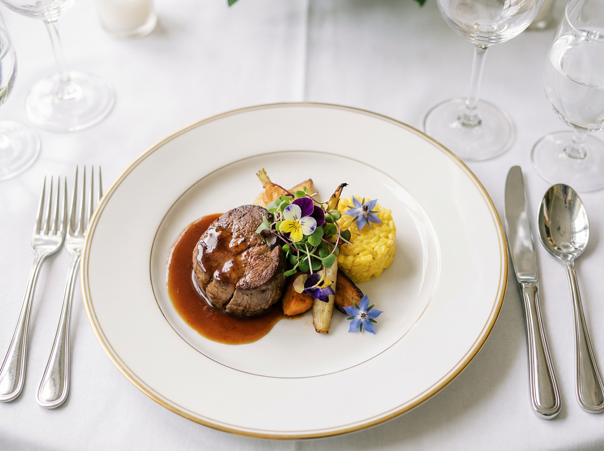 Elegantly plated wedding dinner course with garnish and edible flowers