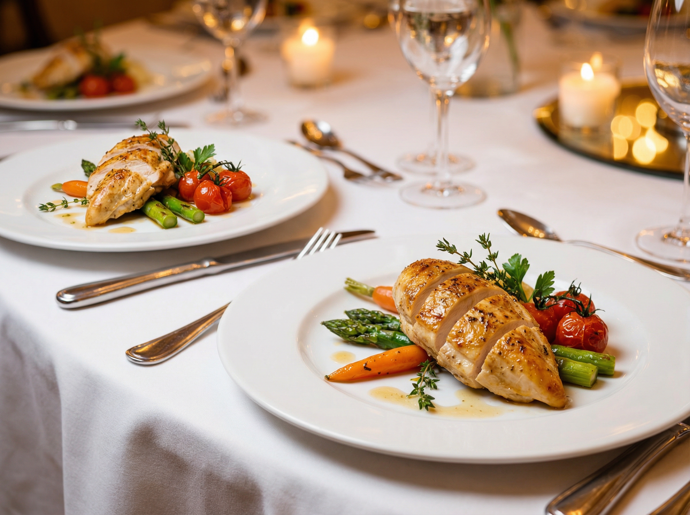 Elegantly plated wedding dinner with roasted chicken, seasonal vegetables, and candlelight