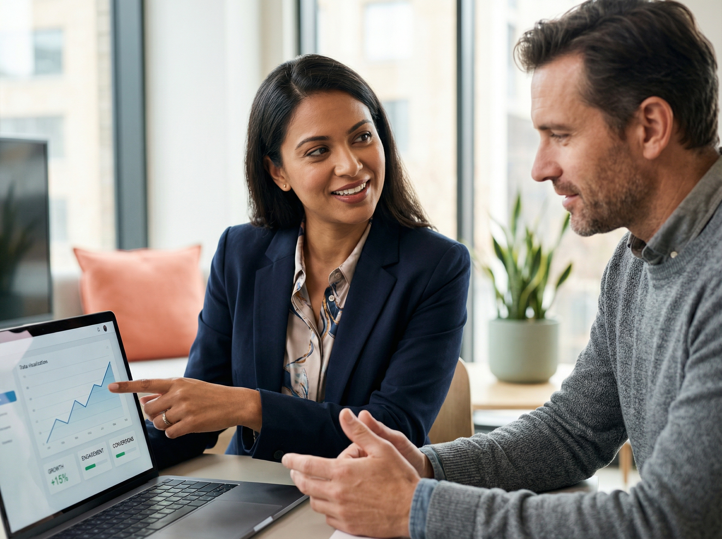 Marketing-Strategin und Unternehmer besprechen Performance-Daten