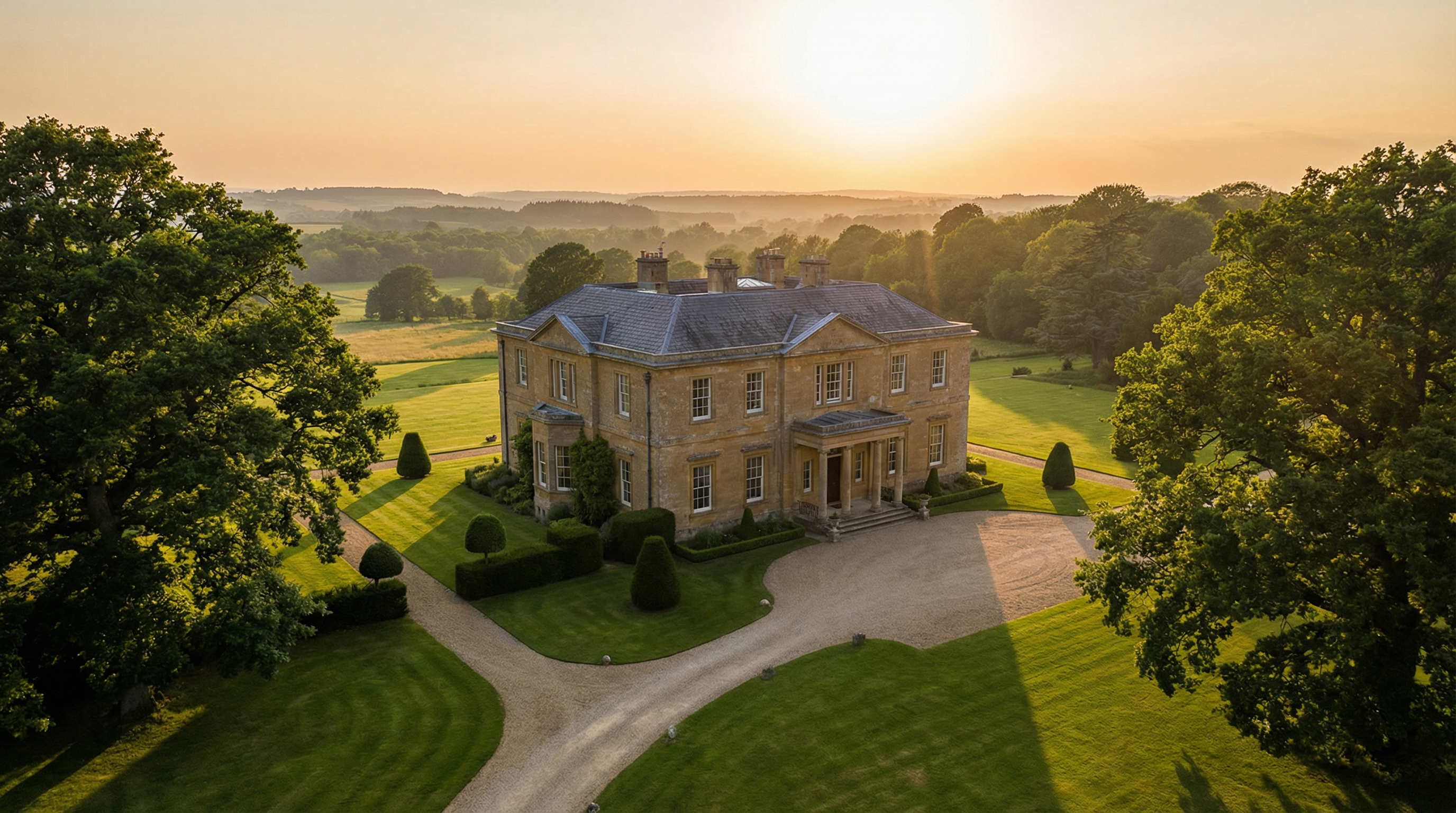 Grand Georgian estate at golden hour, Norfolk countryside