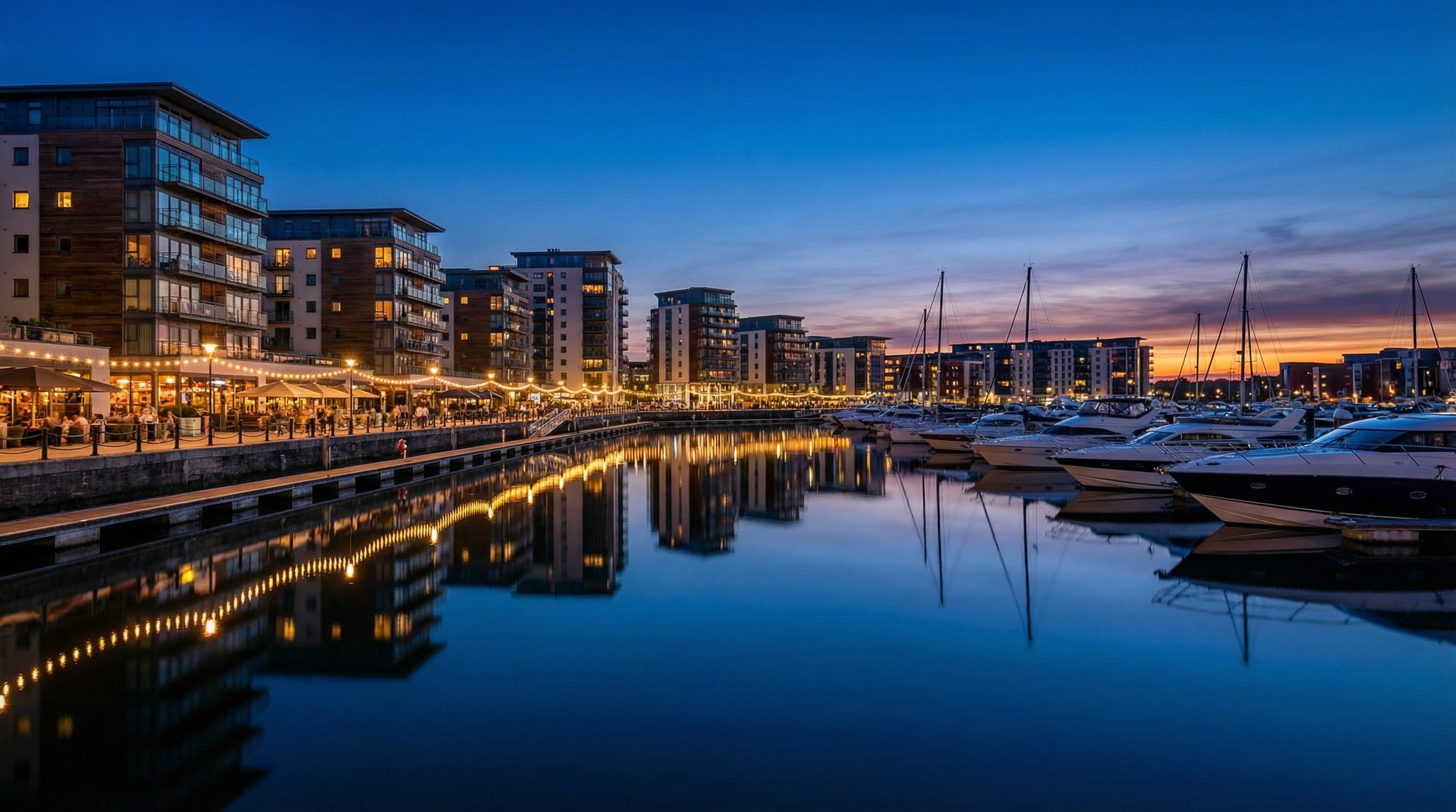 Southampton waterfront marina at dusk with restaurants and boats
